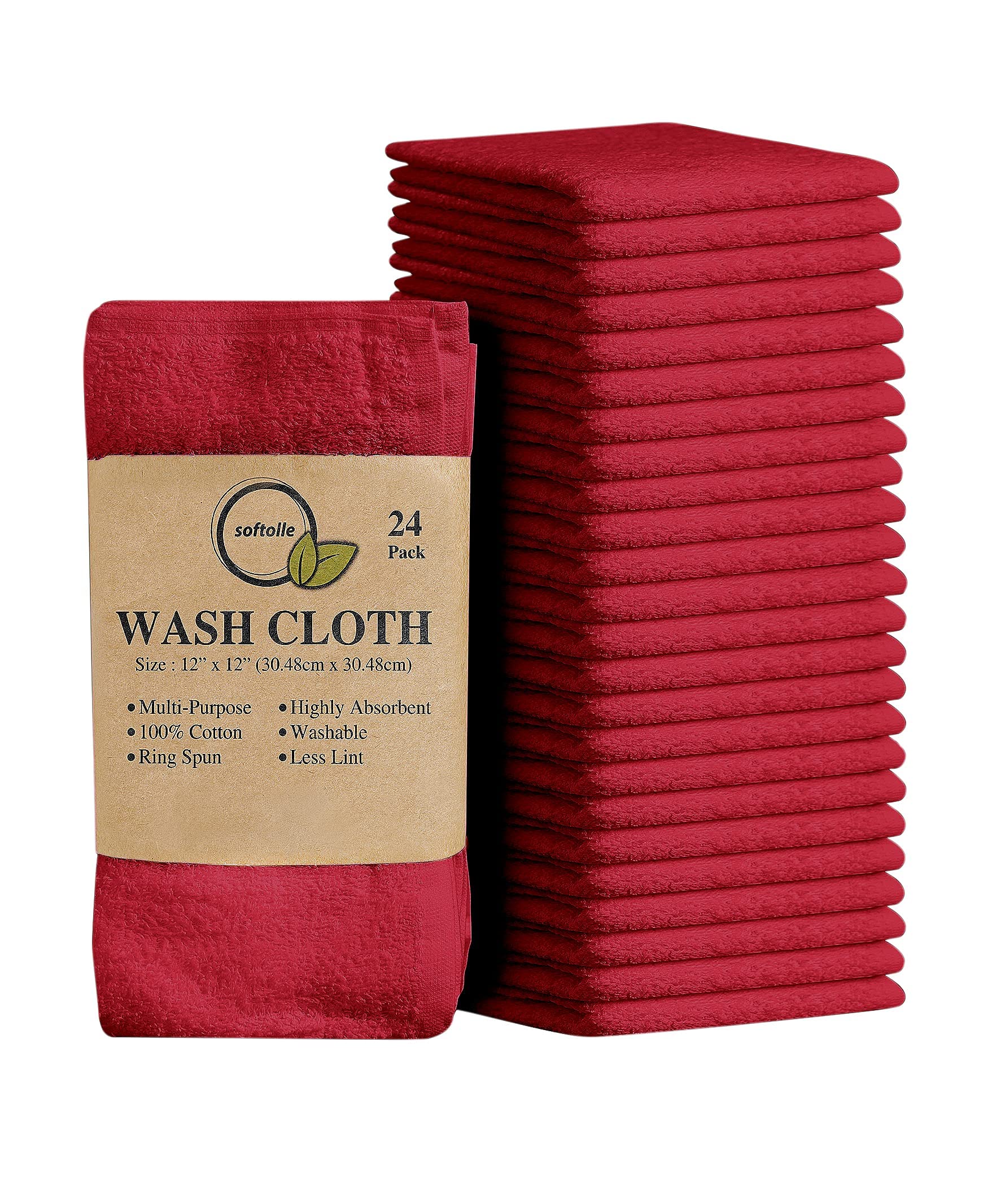 Softolle 100% Cotton Washcloths 24 Pack (12x12 Inches) Soft, Highly Absorbent Washcloth, Face Towels, Wash Cloths for Face, Ring Spun, Bulk Pack (Red)