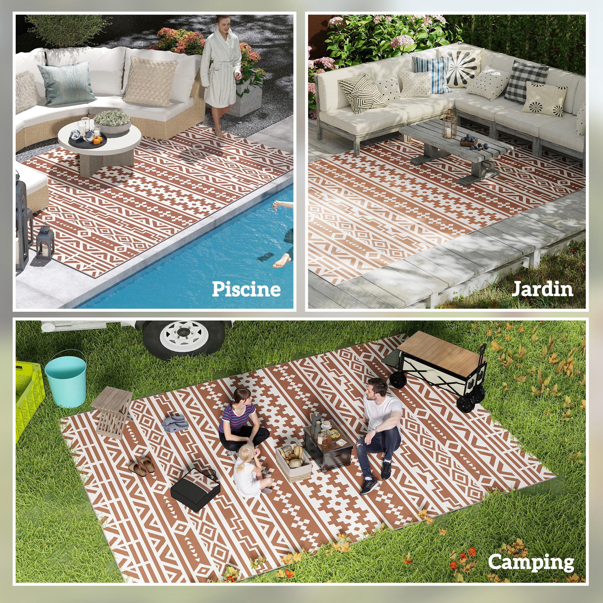 Outsunny Tapis d'extérieur réversible 1,8 x 2,7 m, Tapis de Sol au Motif Mur géométrique en PP, Sac de Transport Inclus, résistant aux intempéries, Rouge et Blanc