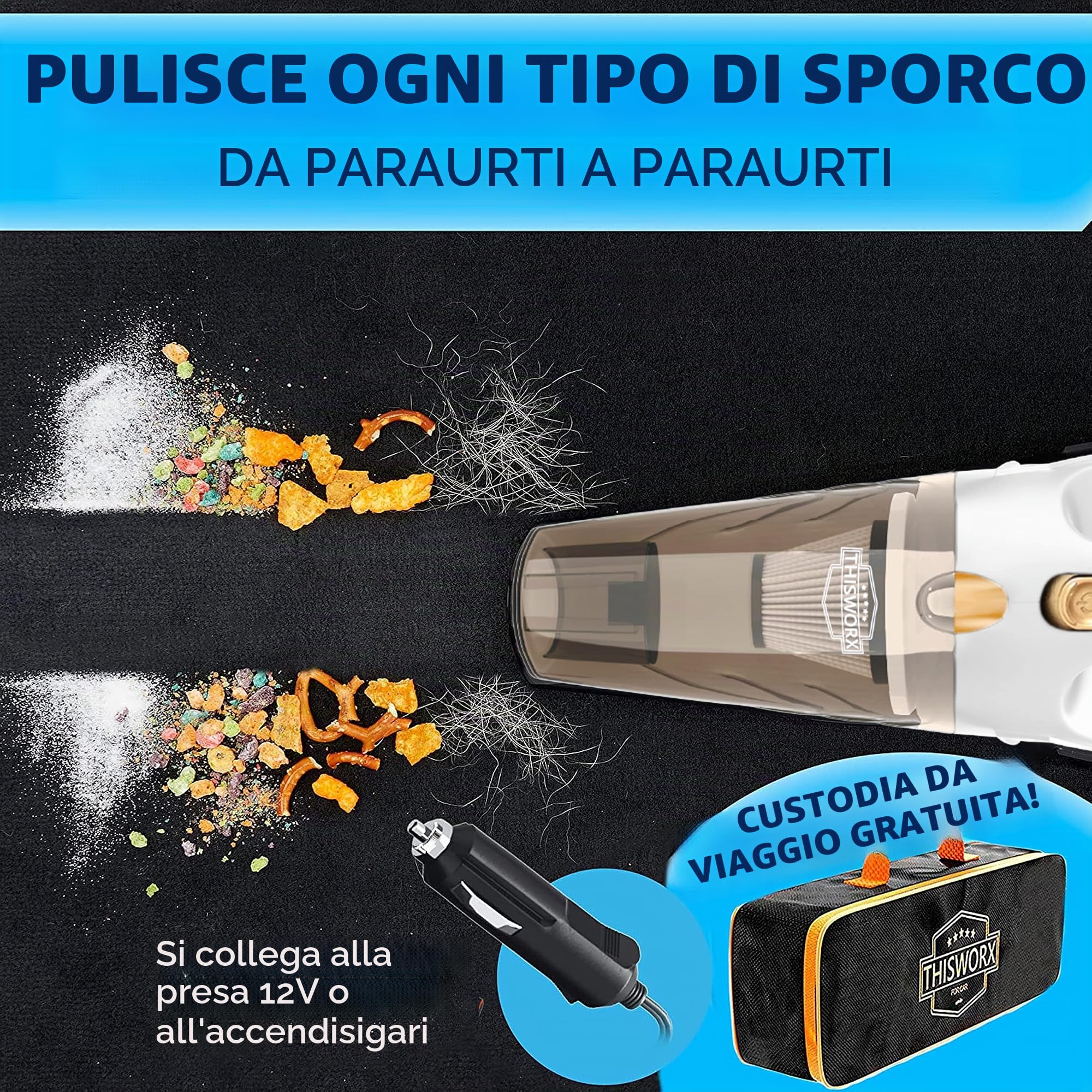 ThisWorx Aspirapolvere Auto - Aspirapolvere Portatile Professionale Compatto, Potente per Pulizia Interni - Aspira Briciole, Polvere e Peli