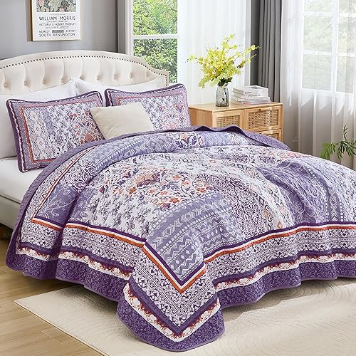 Miniatura 2 de WONGS BEDDING Purle - Juego de edredón tamaño Queen, juego de colcha de retazos bohemios de 3 piezas, juego de ropa de cama ligero bohemio para