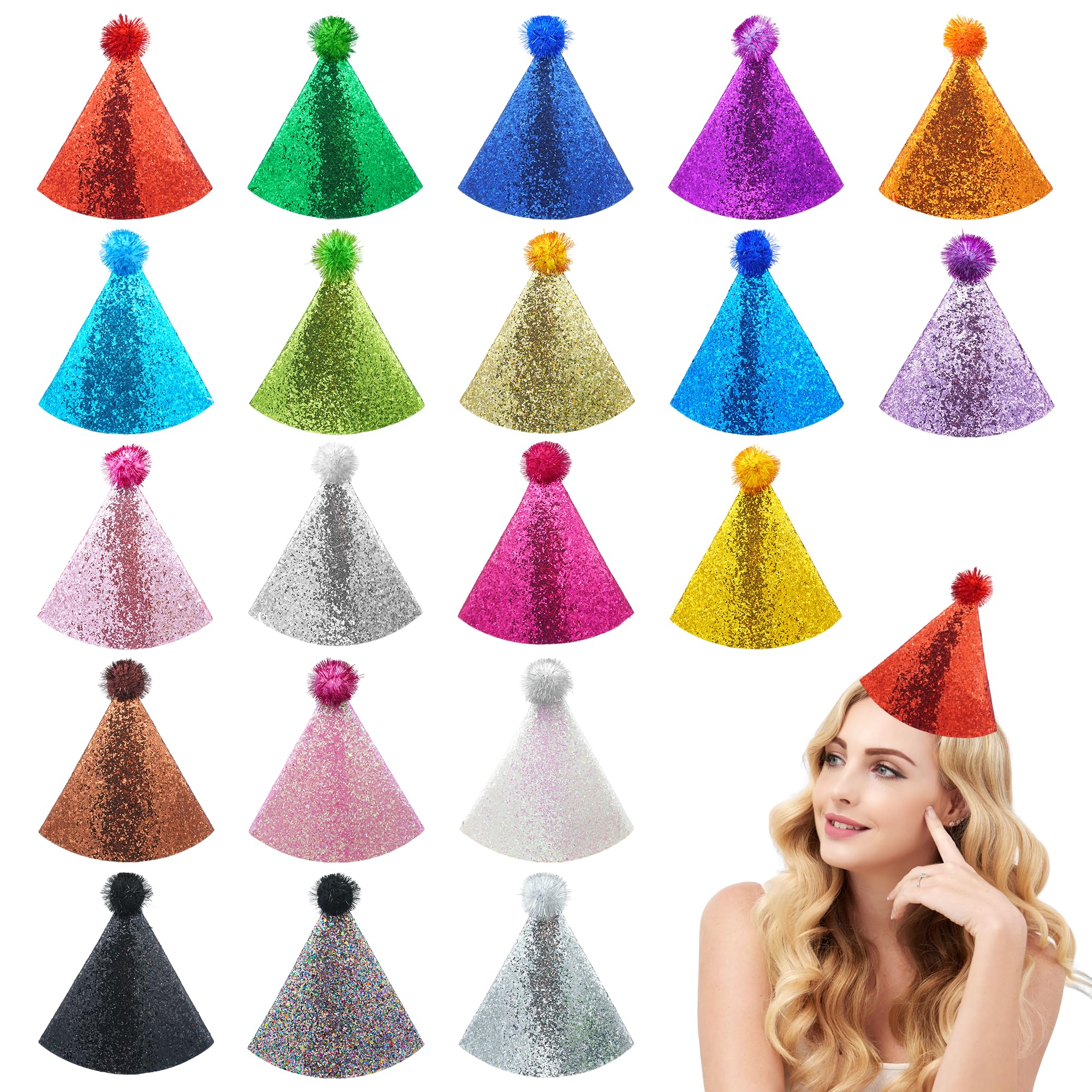 Pai Sence 20 PCS Glitter Party Hats for Adults Reusable Large Birthday Party Hats with Pom Poms Cone Hat Bulk Diy Decorations L