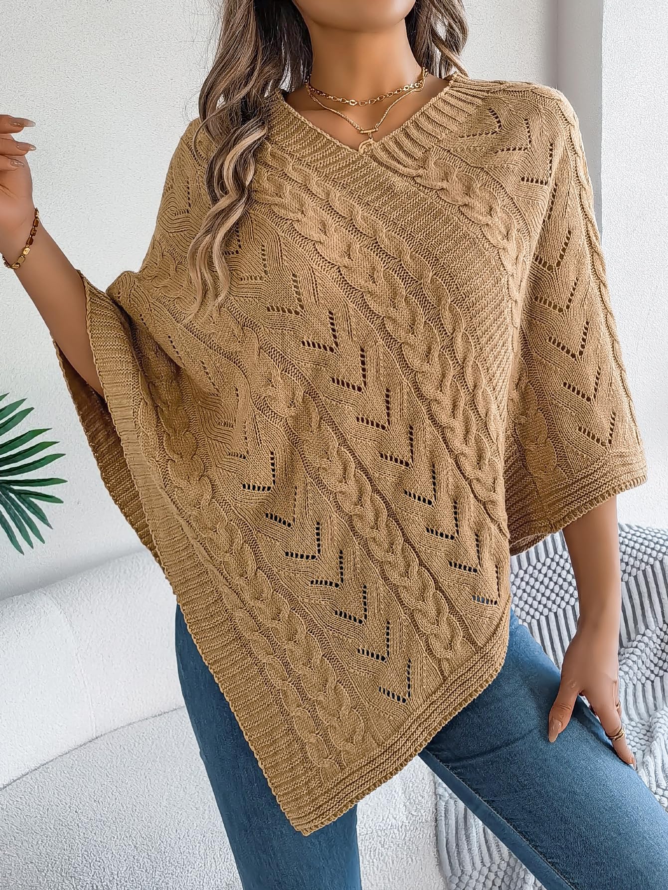 Maglione poncho da donna oversize con scollo a V, stile casual, elegante mantello scialle lavorato a maglia