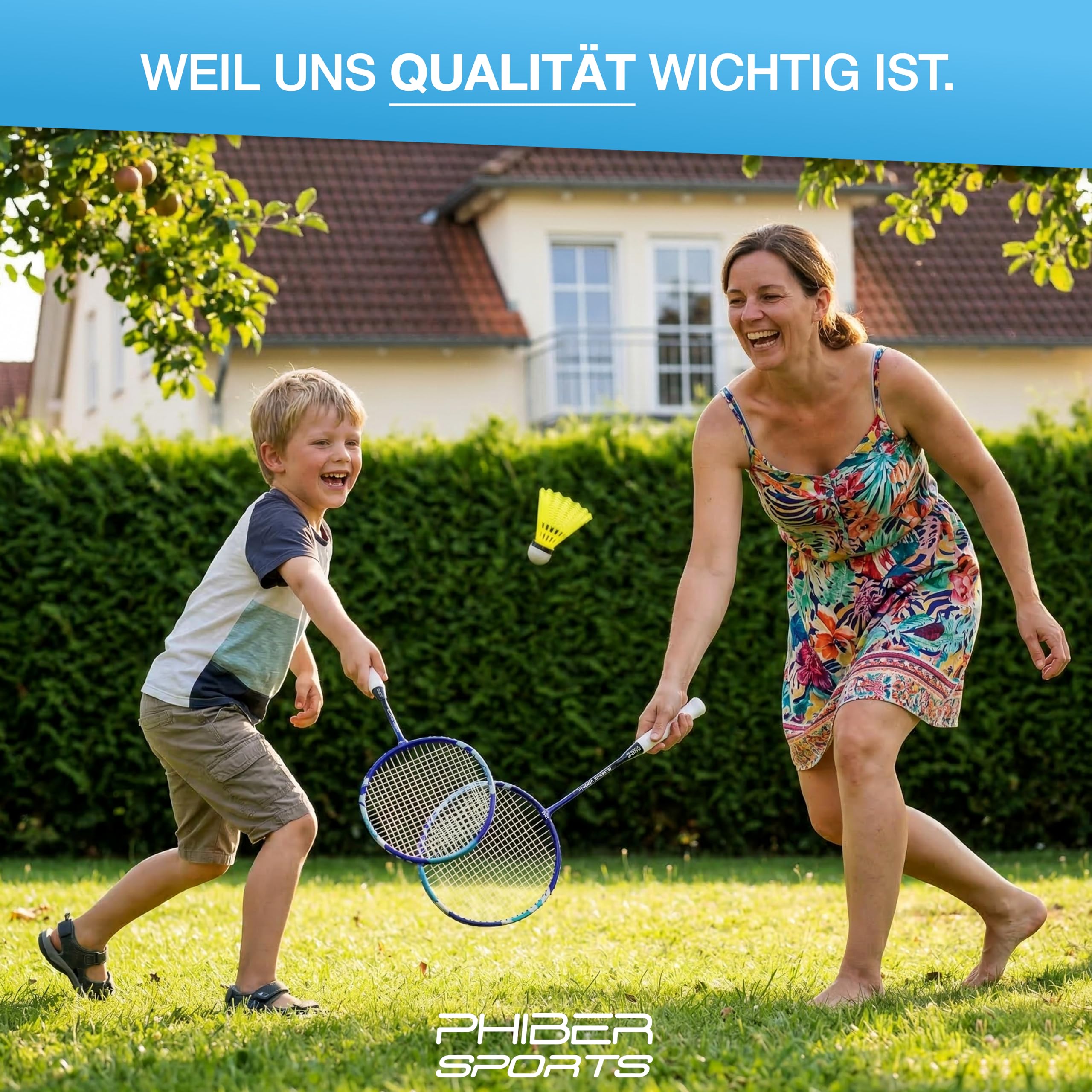PHIBER-SPORTS Badminton Schläger Set - 2X Badmintonschläger + 3X Federbälle + Tasche - Robustes Federball Set für Garten & Park - Ideal für Anfänger & Profis (Badminton Schläger Set)