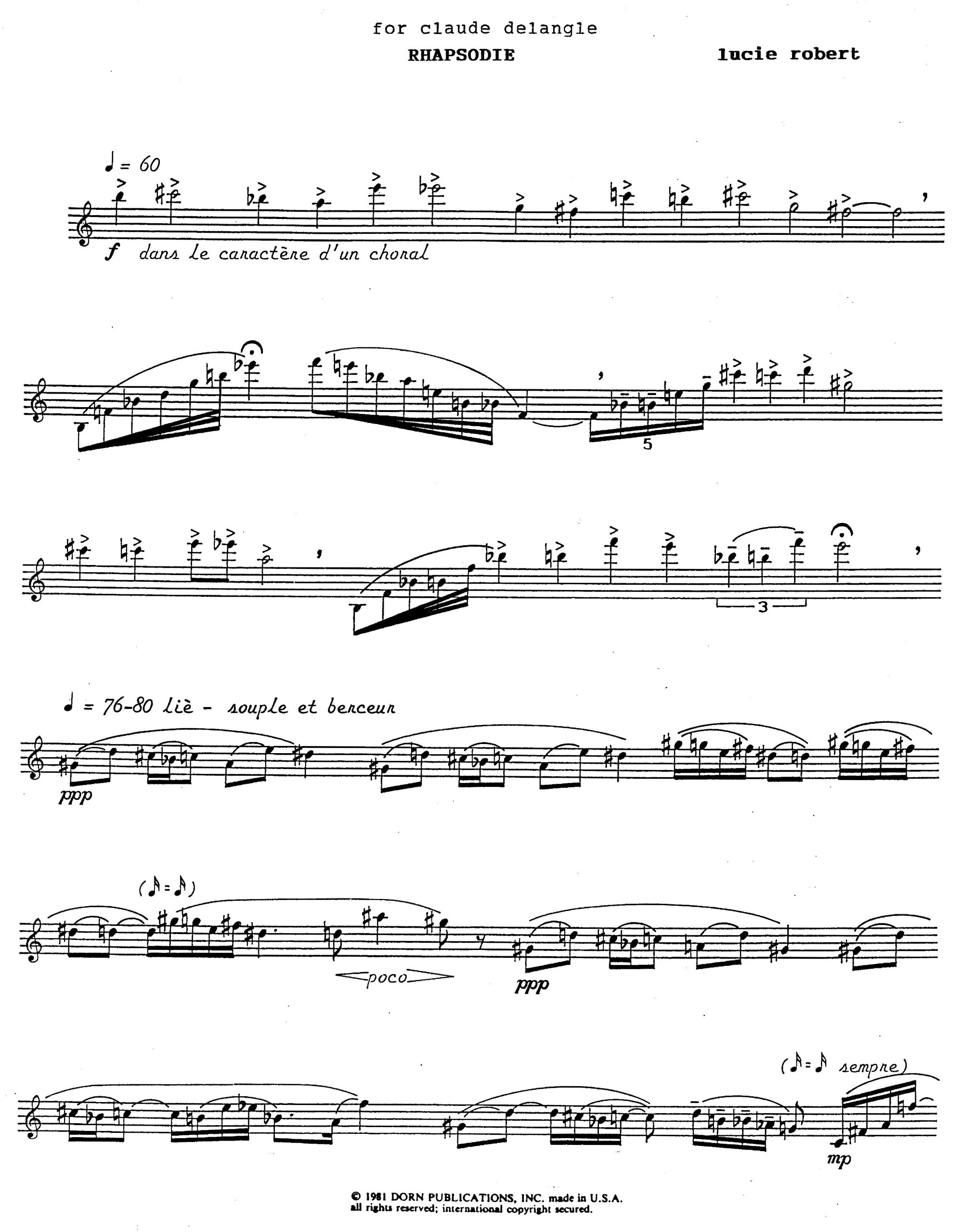 Rhapsodie for Solo Alto Saxophone by Lucie Robert