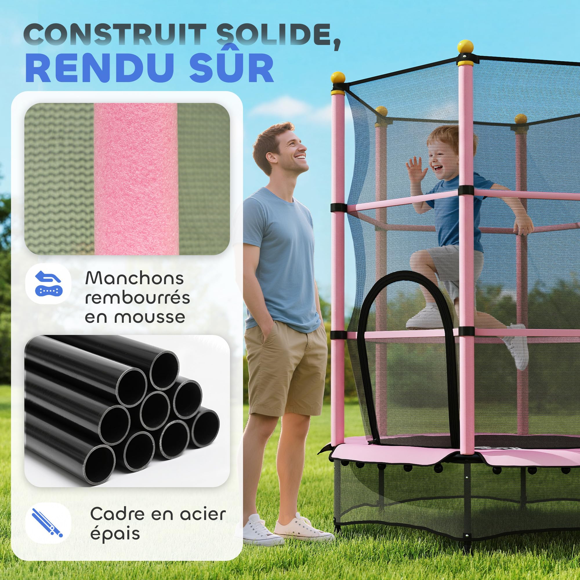 HOMCOM Trampoline Enfant Ø 1,40 m Filet de sécurité Porte zipée Couvre-Ressorts 6 poteaux rembourrés Inclus