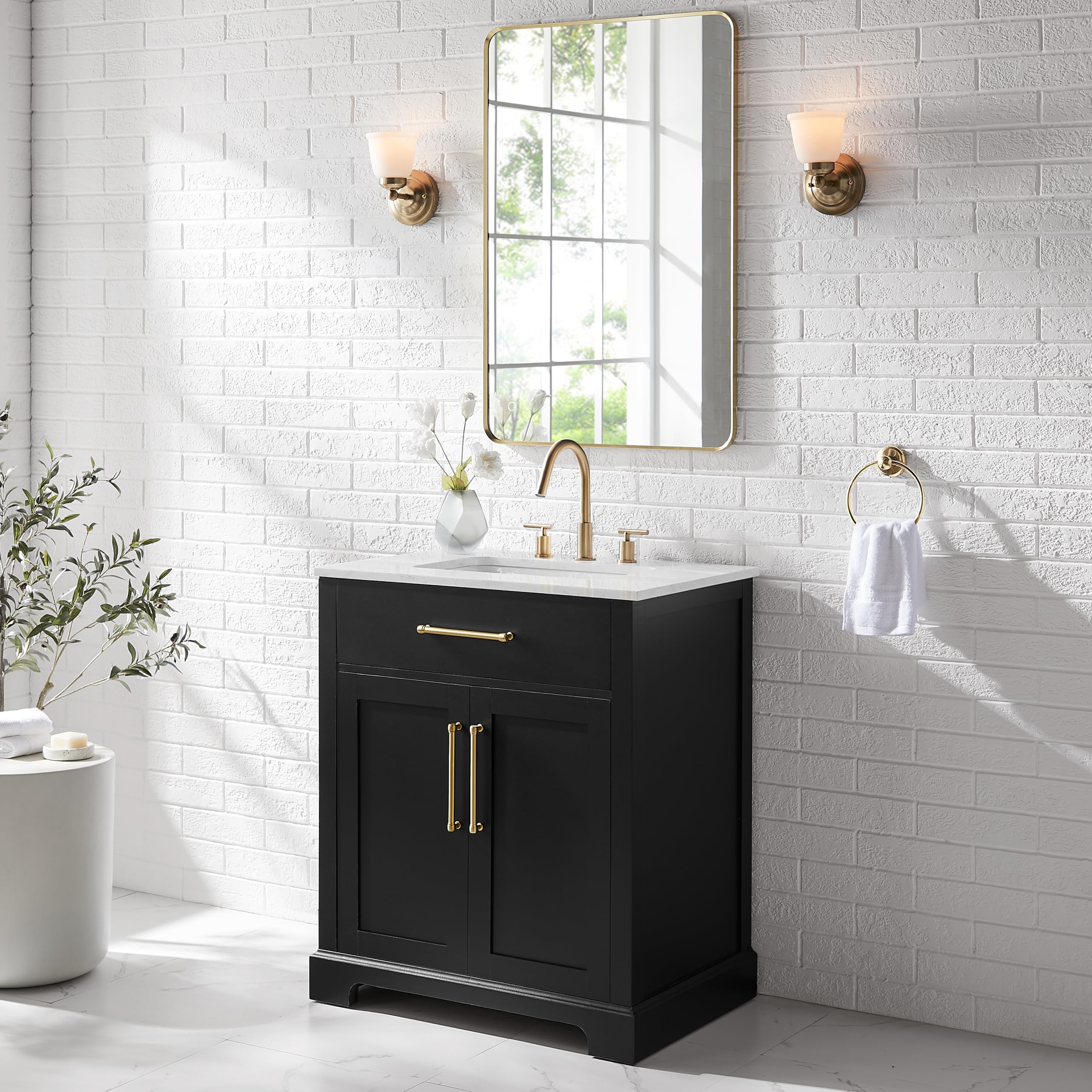 Clara Black 30-Inch Bathroom Vanity With White Marble-Look Top – Double Shaker Doors, Adjustable Shelf, Nickel & Gold Handles (Fully Assembled)