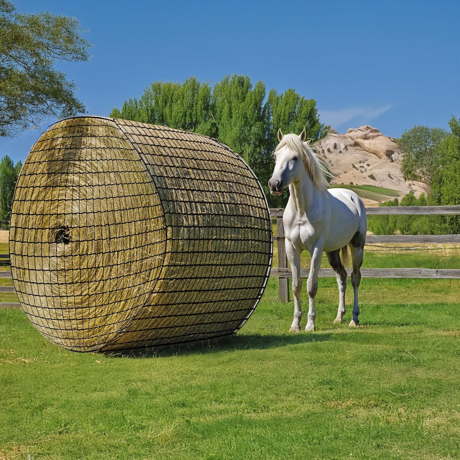 Round Bale Hay Net for Horses, Durable Knotless Nylon Slow Feeder, 6×6 ft, Reduces Hay Waste, Ideal for Outdoor Use, Promotes Healthy Digestion (5 * 5Ft)