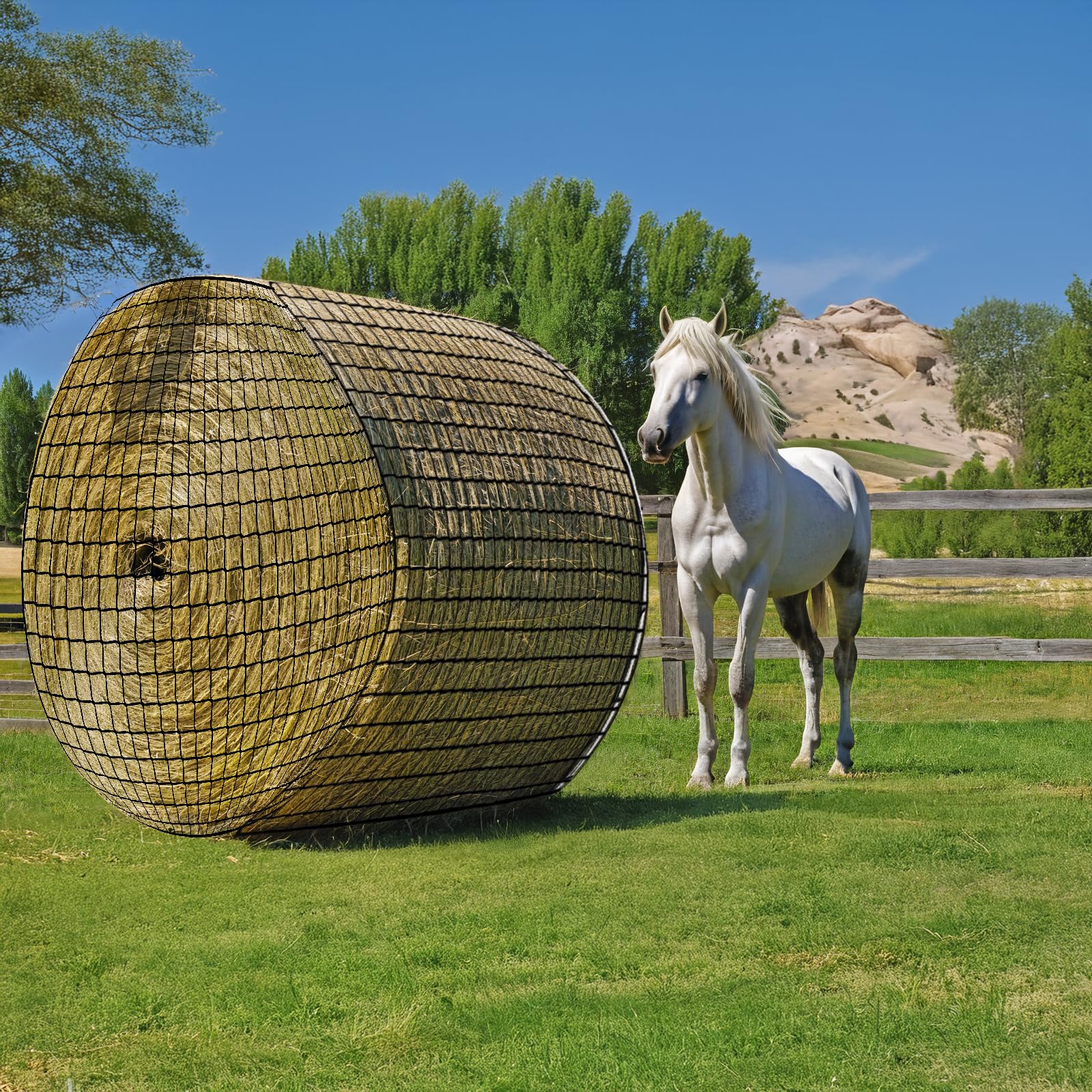 Round Bale Hay Net for Horses, Durable Knotless Nylon Slow Feeder, 6x6 ft, Reduces Hay Waste, Ideal for Outdoor Use, Promotes Healthy Digestion (5 * 5Ft)