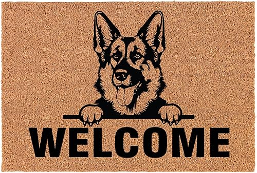 Felpudo de bienvenida, fibra de coco para puerta, regalo de bienvenida y pastor alemán (24 x 16 pulgadas)