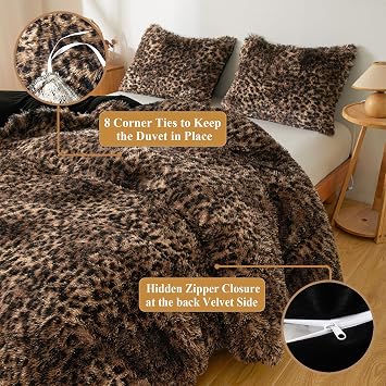 XeGe Fluffy Faux Fur Cheetah Print Duvet Cover Set, Brown and Black, Queen