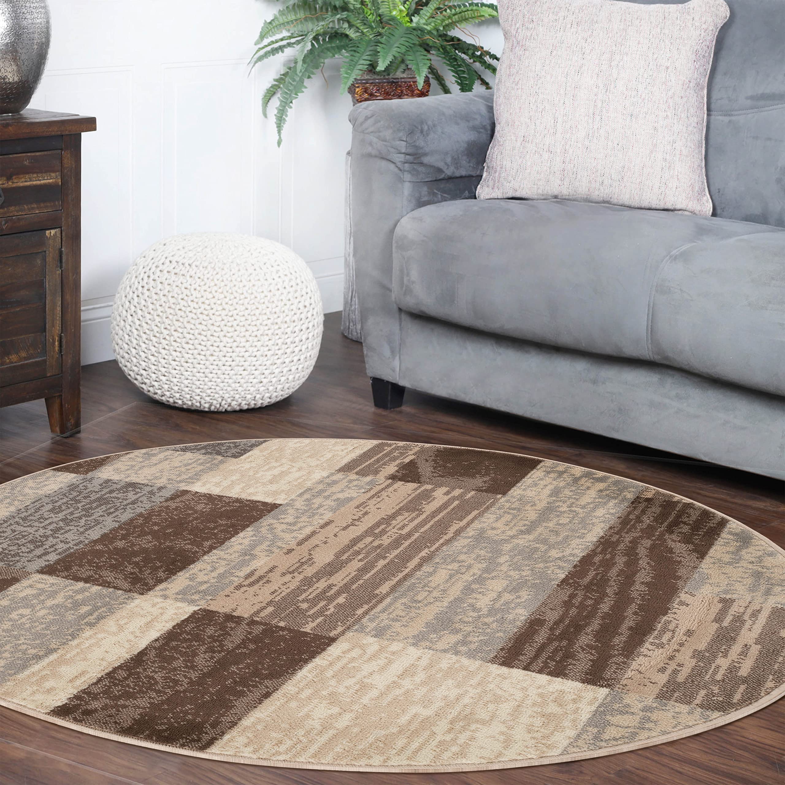 SUPERIOR Indoor Area Rug, Jute Backed, Modern Geometric Patchwork Floor Decor for Bedroom, Office, Living Room, Entryway, Hardwood Floors, Rockwood Collection, 5' Round, Slate