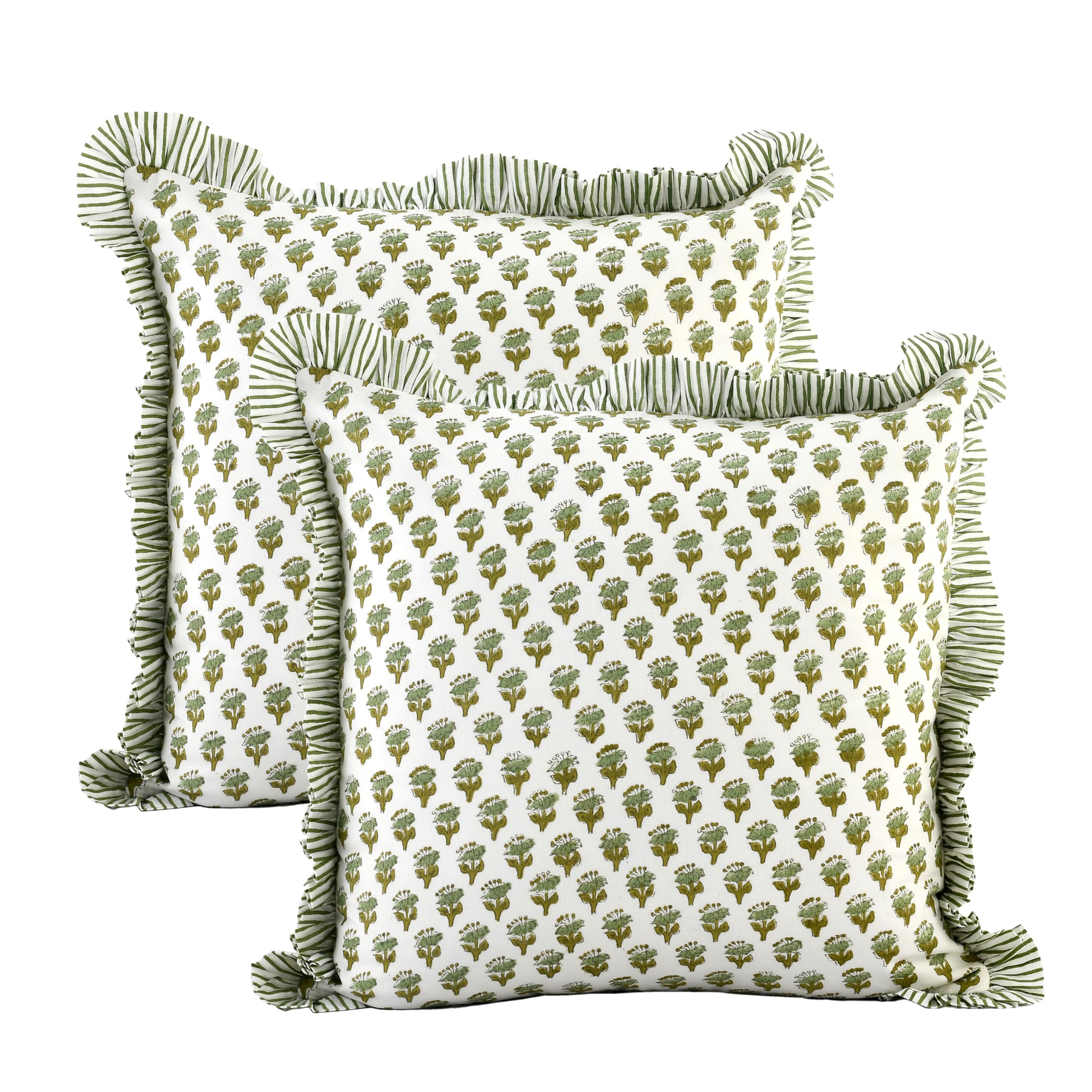 CPC Emerald Green Ruffle Throw Pillow Covers for Couch, 18x18 Inch Cotton Stripe Ruffle Couch Pillows for Living Room, Hidden 14 Inch Zipper Boho Pillow Case or Cute Outdoor Pillows
