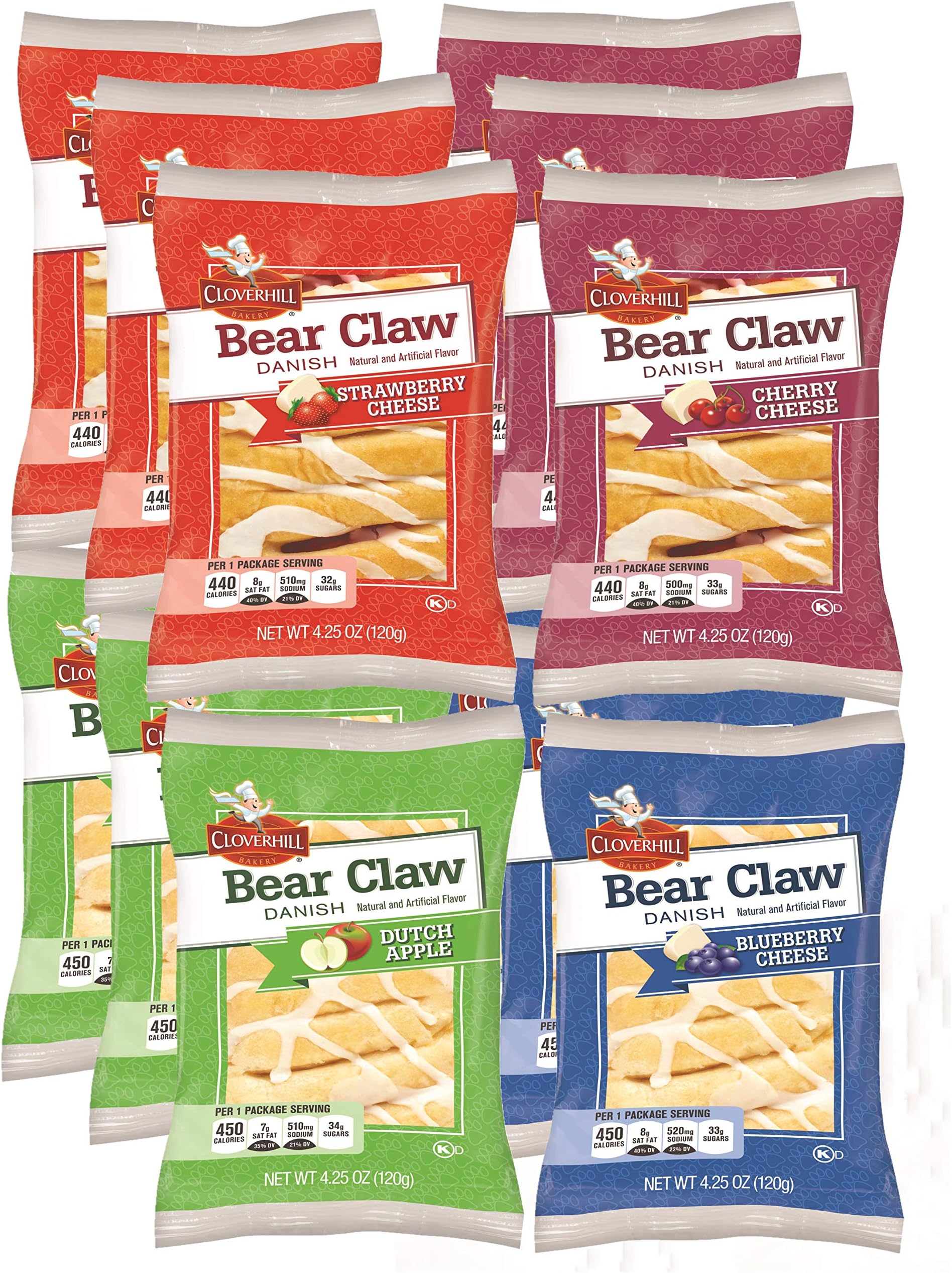 Cloverhill Danish Fruit Pastry Variety Pack | Strawberry, Cherry, Blueberry and Apple Bear Claws | Pack of 12