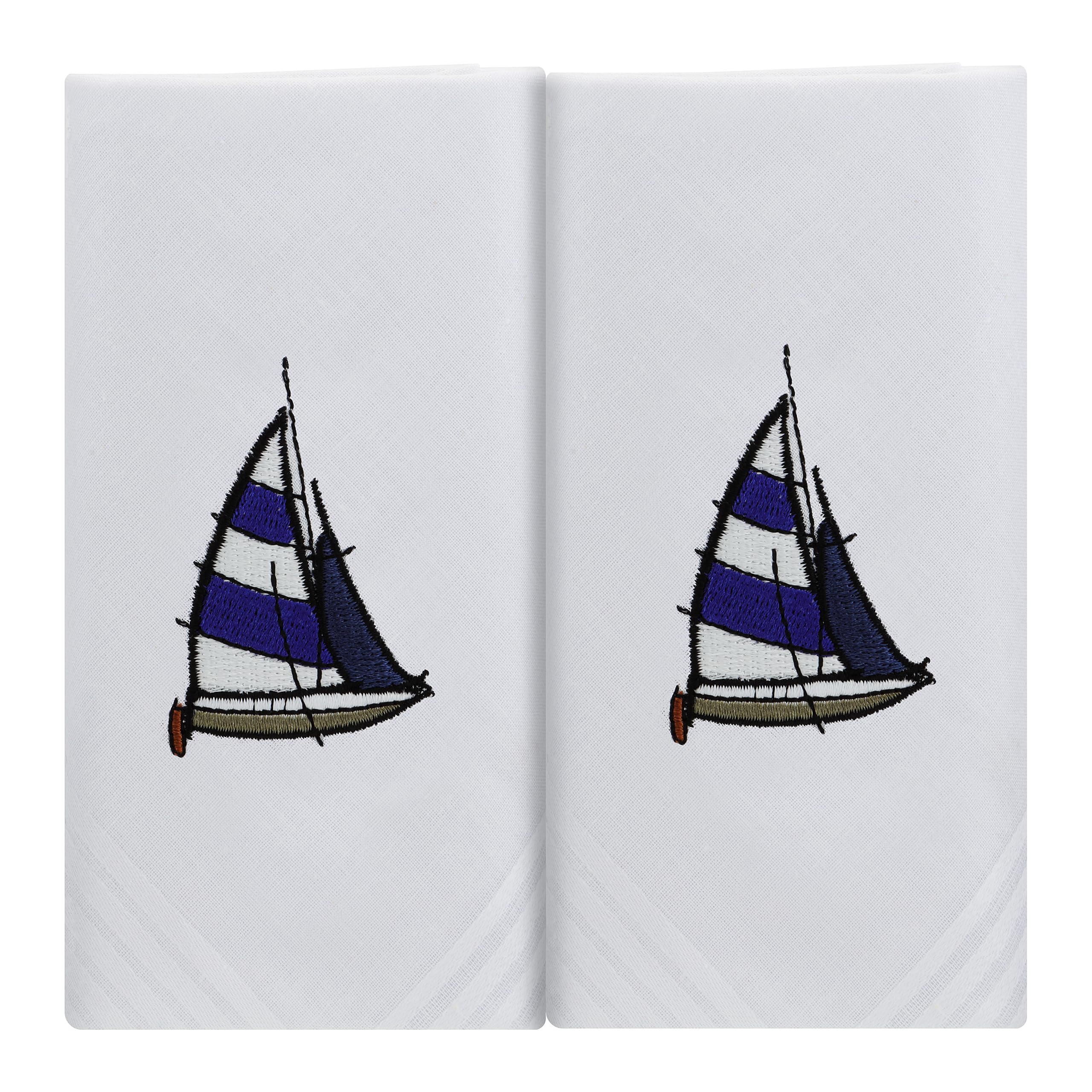 Mandittions Men's White Sailing Yachts Box Of 2 White Cotton Handkerchiefs Each Embroidered With A Sailing Yacht