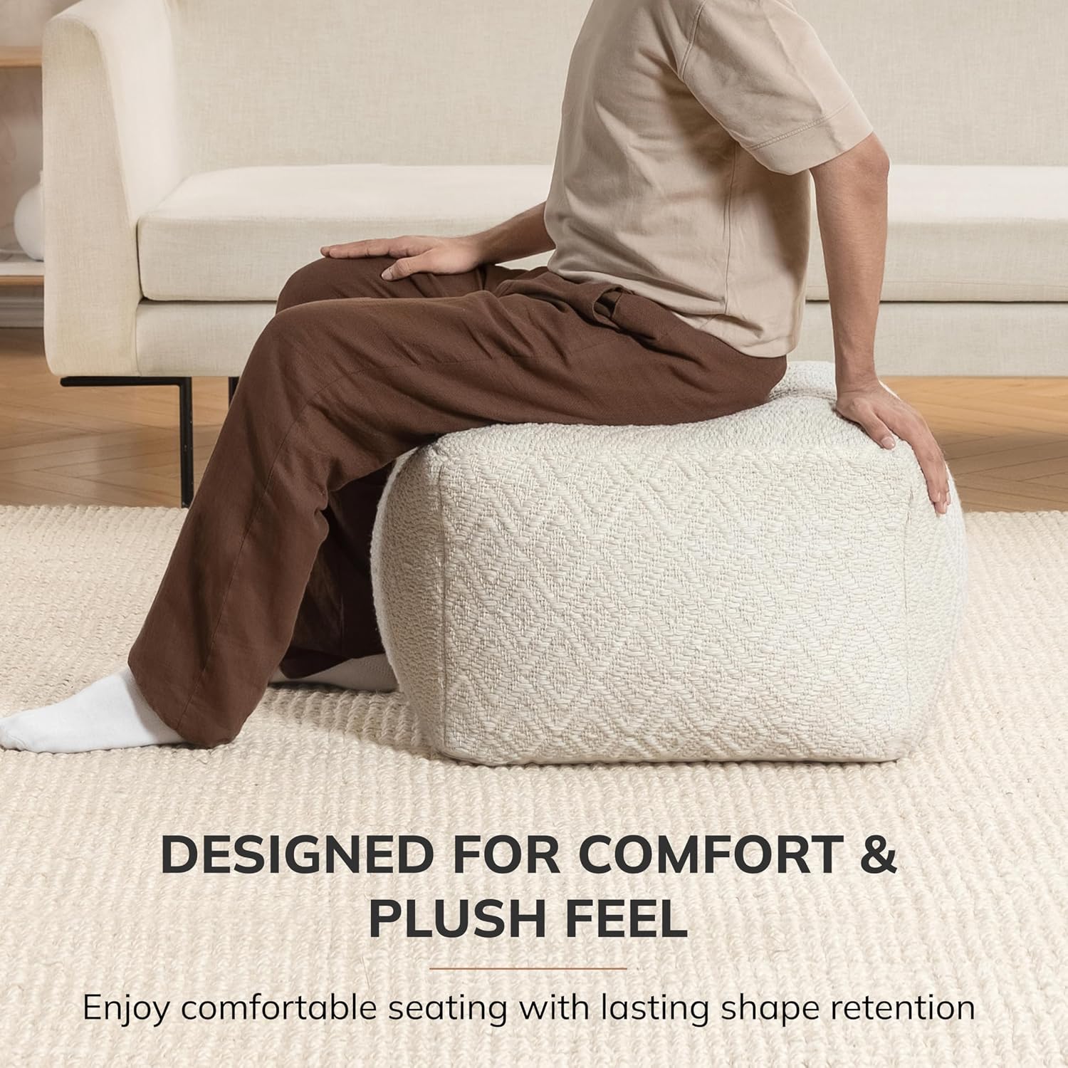 Anji Mountain Pouf Ottoman Foot Rest, Handmade Ottoman Pouf, Comfortable Foot Stool, Decorative Floor Seating for Living Room Decor, Bedroom & Home Décor Accent - Ivory
