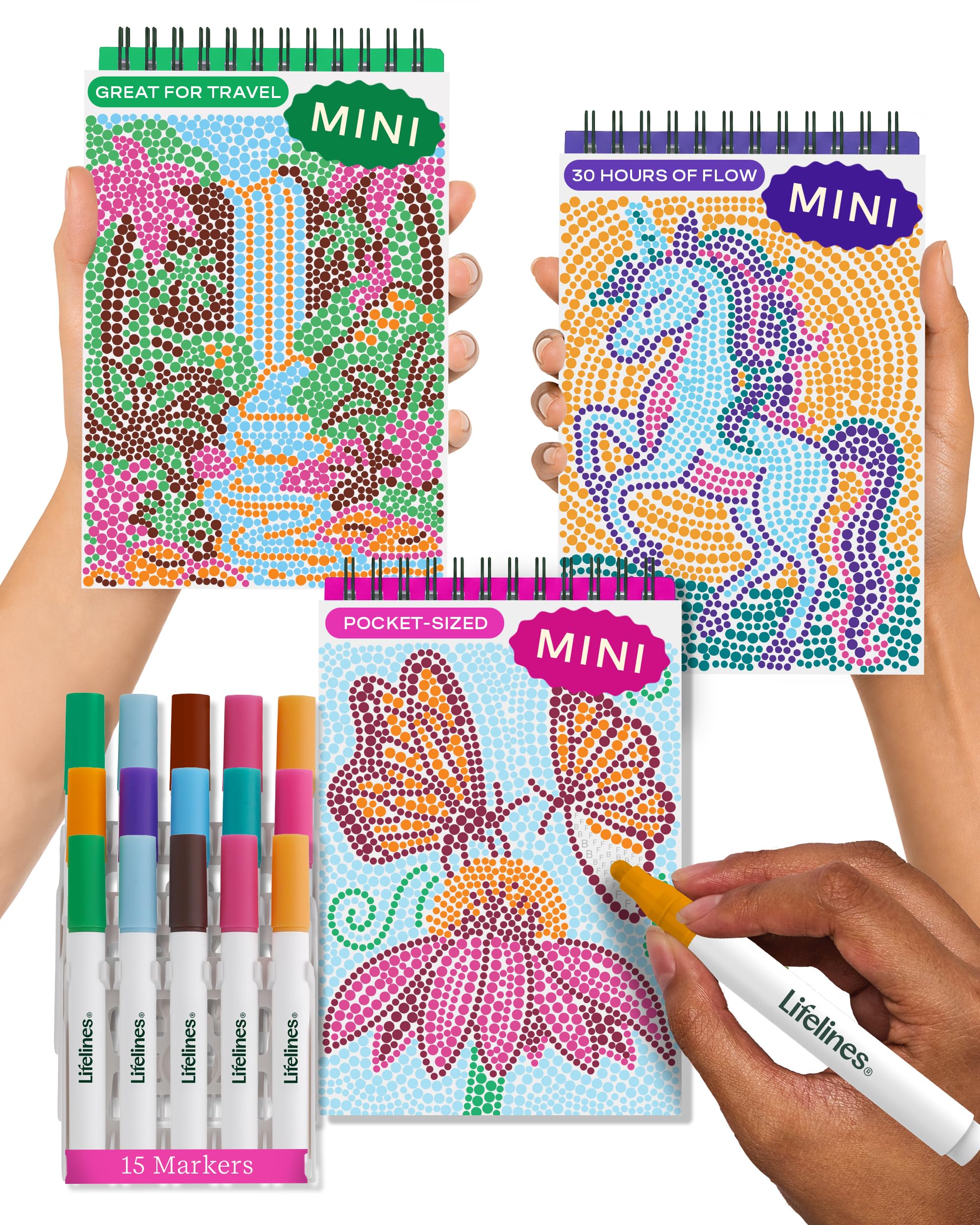Lifelines FlowArt Mini Activity Pads, 3-Pack - Guided Dot-by-Letter Art Meditations with Markers - 15 Markers & 60 Scenes - Pocket-Sized Coloring Books for Tweens, Adults & Seniors - Patent-Pending