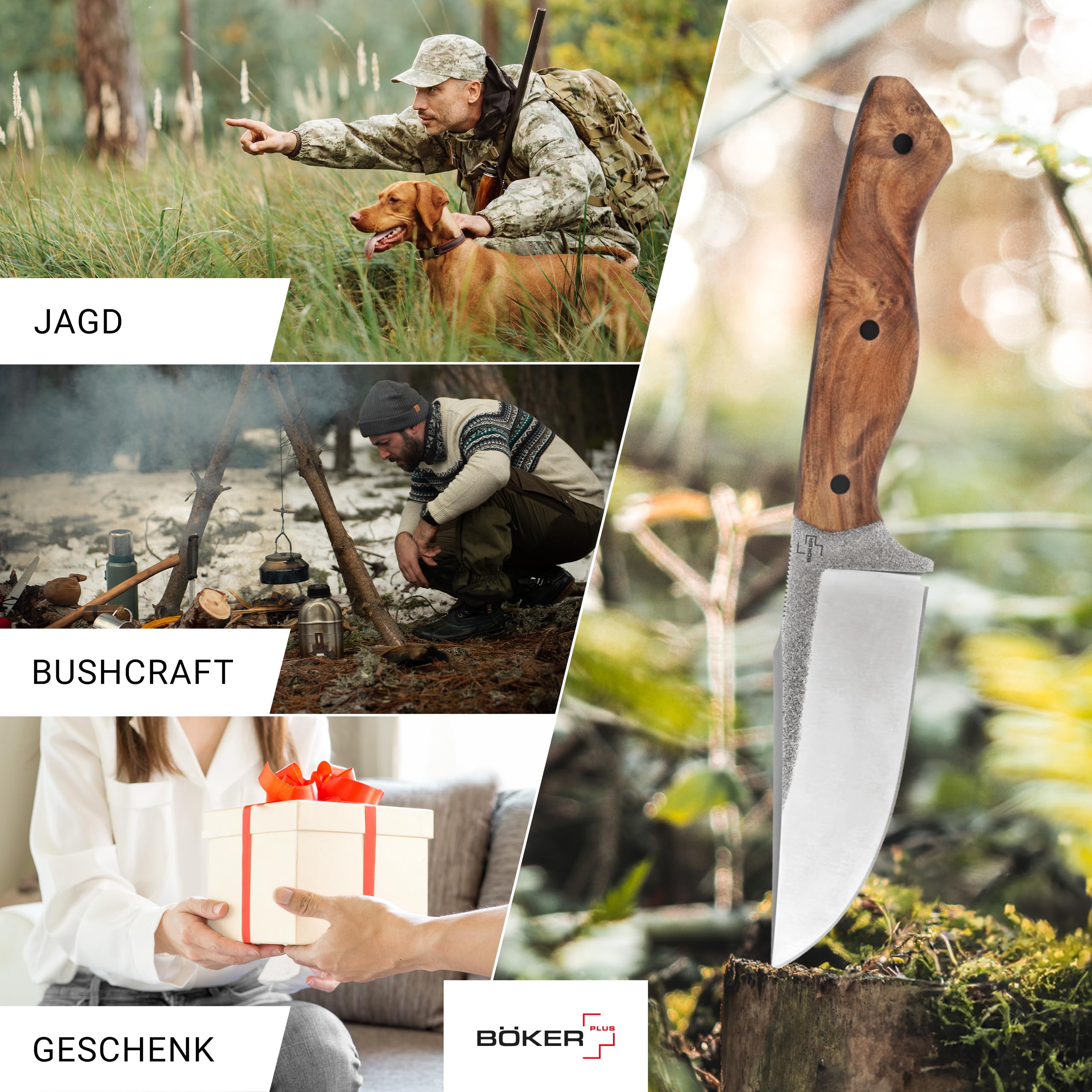 BÖKER PLUS® Overnighter - Bushcraft-Messer feststehend mit Holz-Griff - EDC Fulltang Jagdmesser mit 11,7 cm Clippoint Klinge - Outdoormesser mit Leder-Scheide - Pfadfinder Fahrtenmesser 42a konform