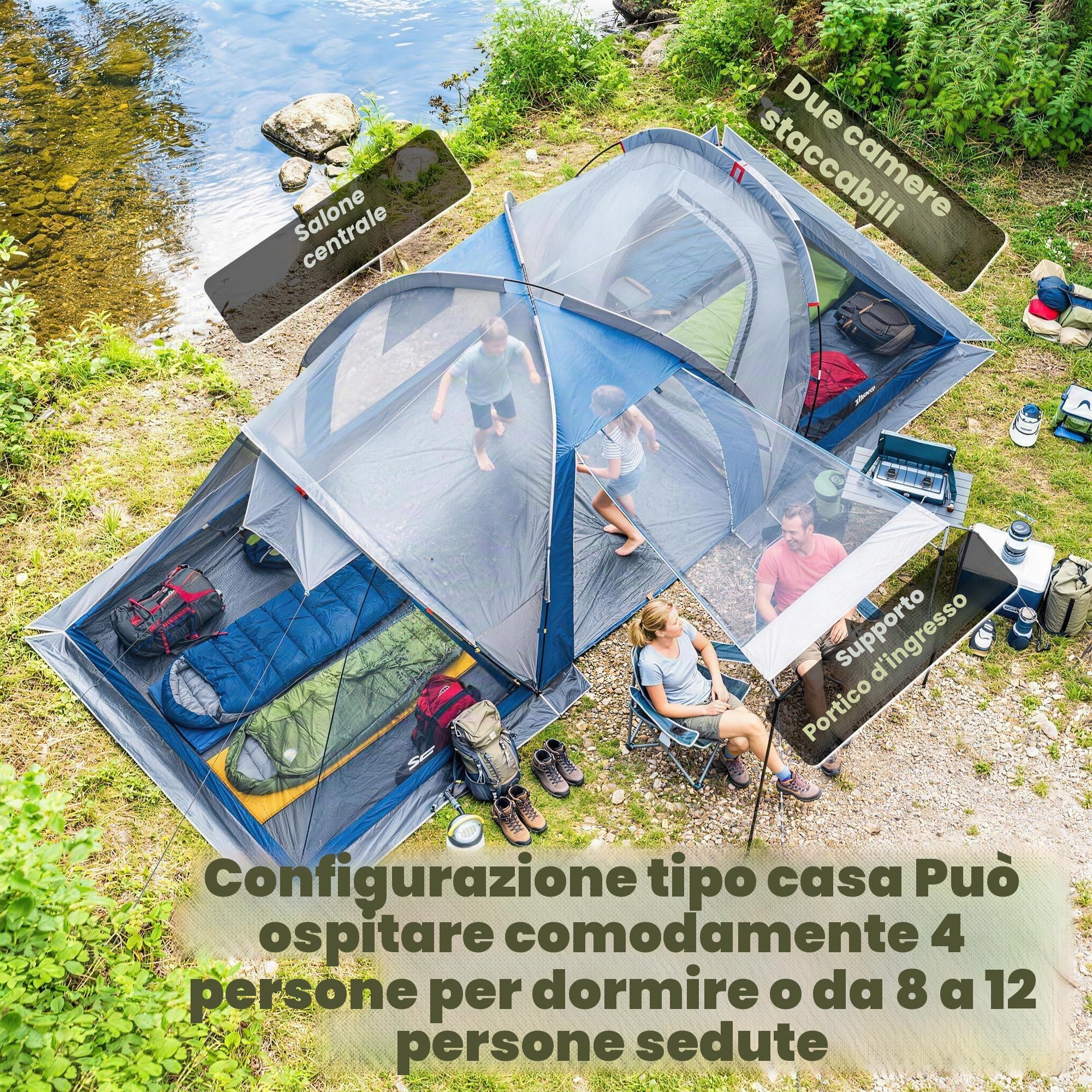 Outsunny Tenda da campeggio a doppio strato tunnel per famiglie, 4-5 persone, grande tenda con 2 camere e soggiorno per 12 persone, 3000 mm, impermeabile, riparo solare con tettoia, blu