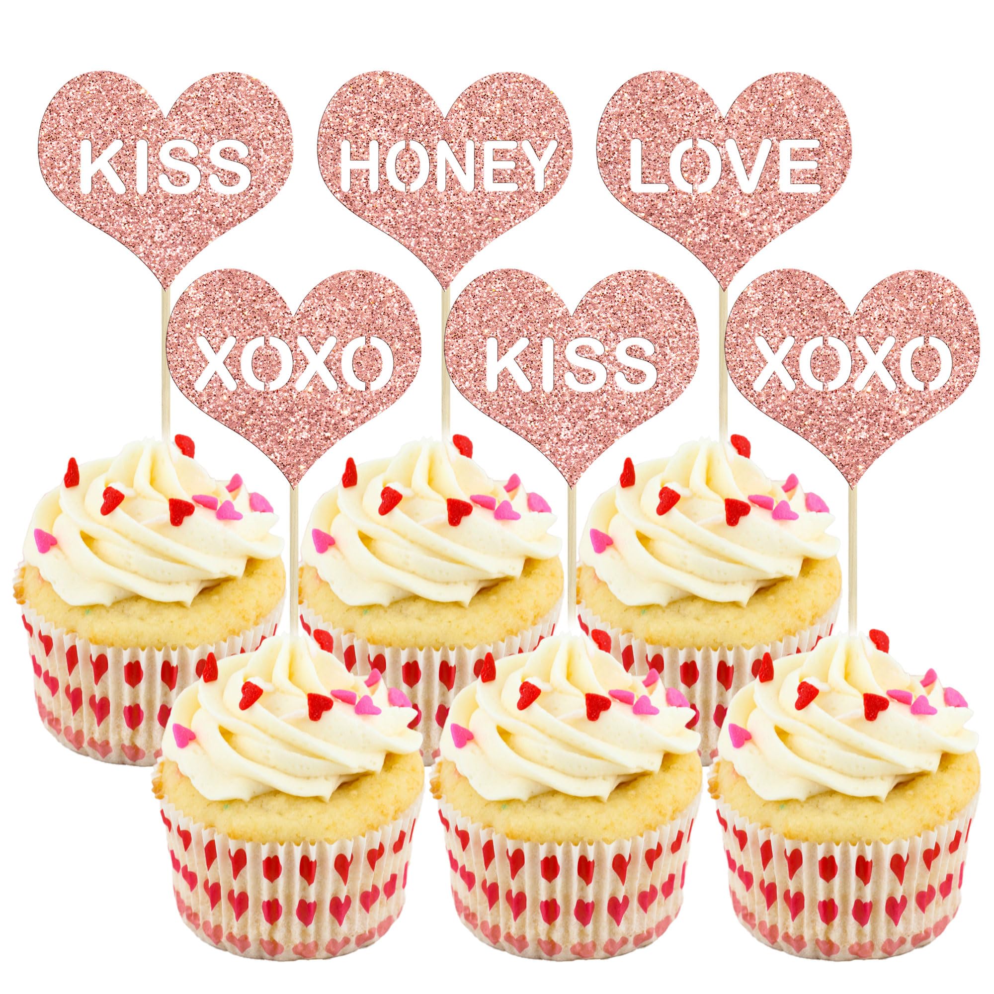 Gyufise 24 Pack Rose Gold Glitter Happy Valentine's Day Cupcake Toppers Sweet Honey Love Kiss Heart XOXO Cupcake Picks Decorations for Wedding Engagement Valentine's Party Supplies