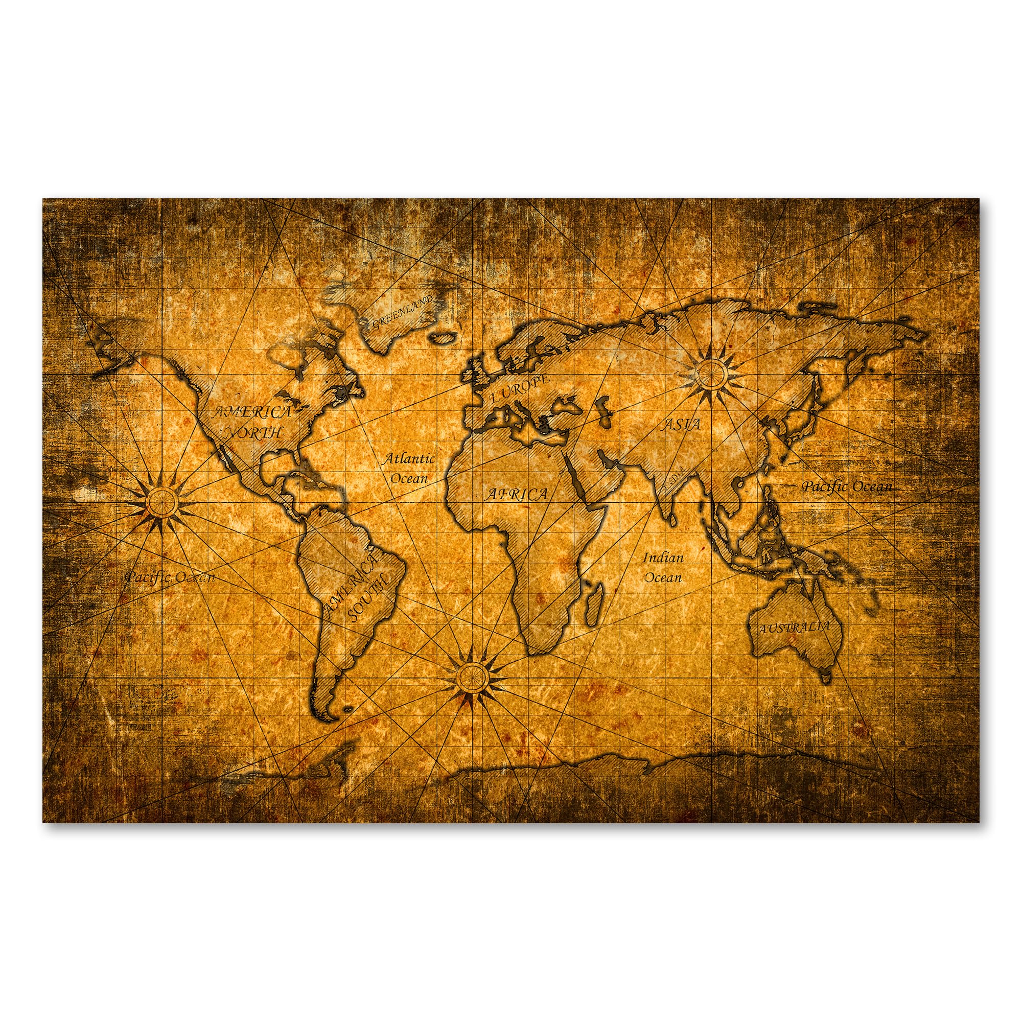 Postereck - 2077 - Alte Weltkarte, Kontinente Geografie Weltmeere - Unterricht Klassenzimmer Schule Wandposter Fotoposter Bilder Wandbild Wandbilder - Leinwand - 100,0 cm x 75,0 cm