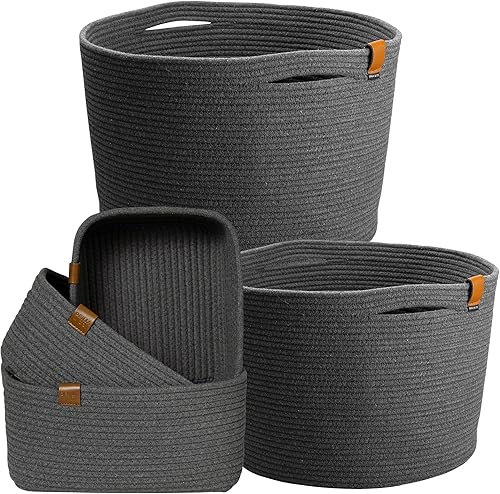 Denja & CO Juego de 2 cestas de almacenamiento de color gris carbón oscuro y juego de 3 cestas de estante gris oscuro