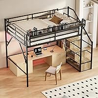 FAVSH Queen Metal Loft Bed with Storage Stairs, Wardrobe, USB Shelf & LED Lights - 54.3" Under-Bed Space, 400lbs Capacity