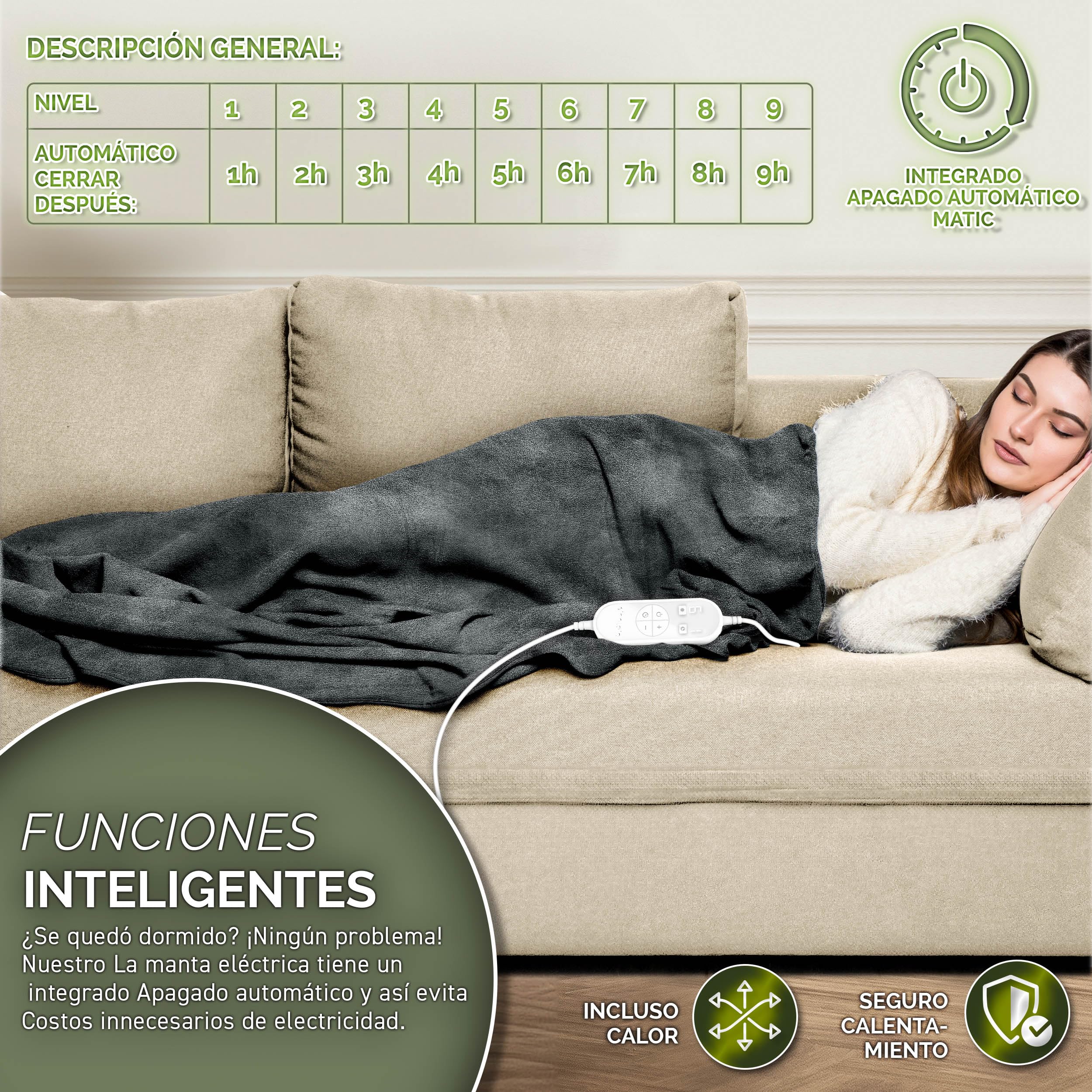 sinnlein® Calienta Camas | Manta Eléctrica 200 x 180 cm Gris | con Desconexión Automática y Temporizador | 9 Niveles de Temperatura | Pantalla Digital | Lavabale hasta 40°C
