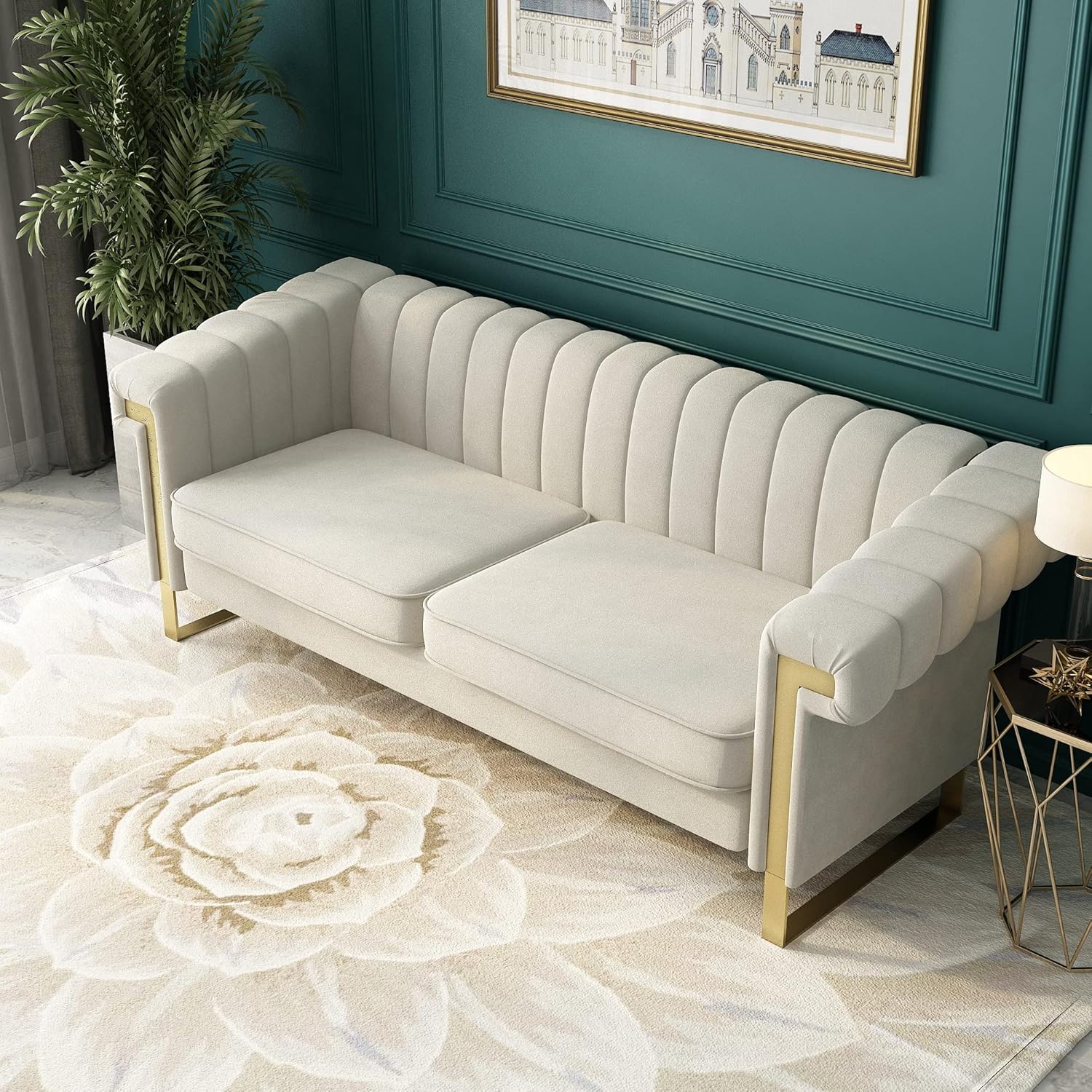 Modern Velvet Sofa,Collection Contemporary Velvet Upholstered Sofa Couch with Stainless Steel Base,83.86“ Lx 30.70“ Wx 30.51“ H(Beige)
