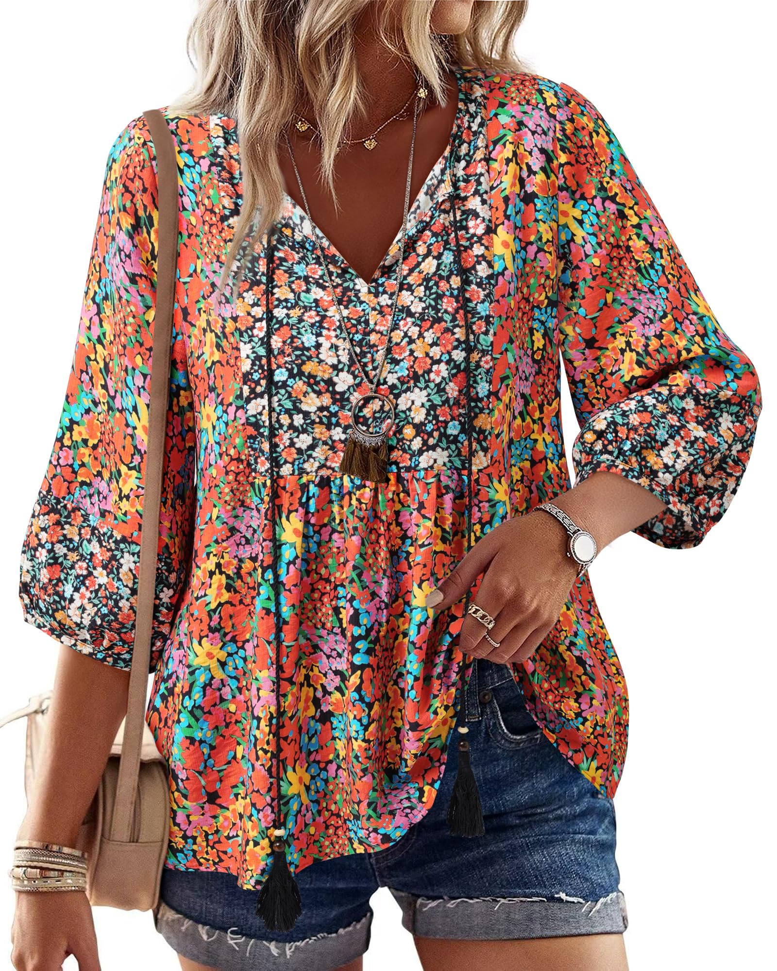 Vivilli Womens Fall Boho Babydoll Tops 3/4 Sleeve Pleated Peplum Blouses Casual V Neck Tie Front 2026 Tunic Tops