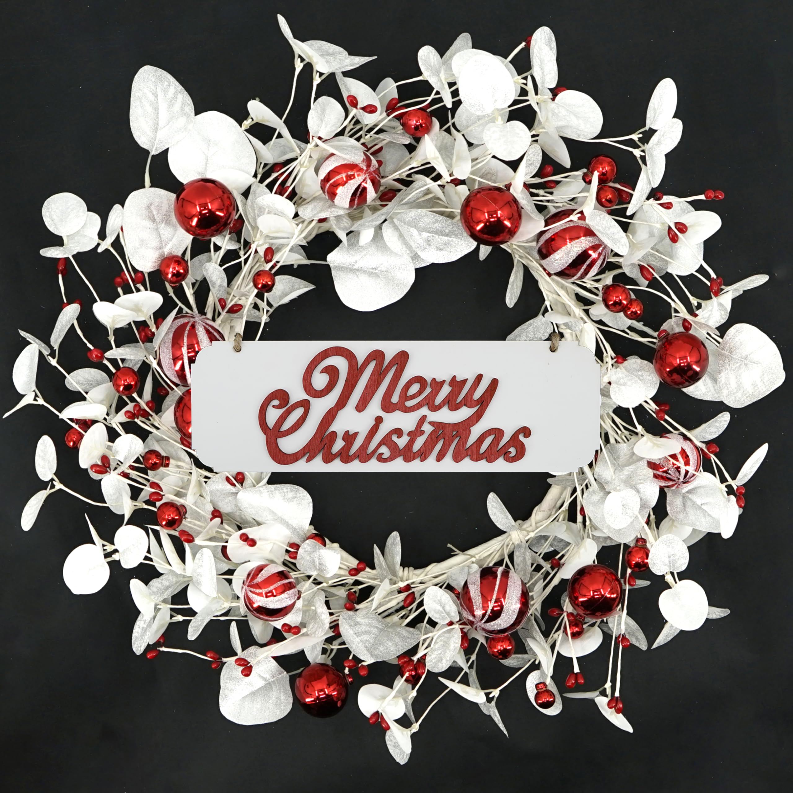 20 inch Artificial Christmas Eucalyptus Wreaths Winter Wreath with Christmas red Ball,Eucalyptus Leaves,red Berry for Indoor Outdoor Farmhouse Home Wall Window Festival Wedding Decor