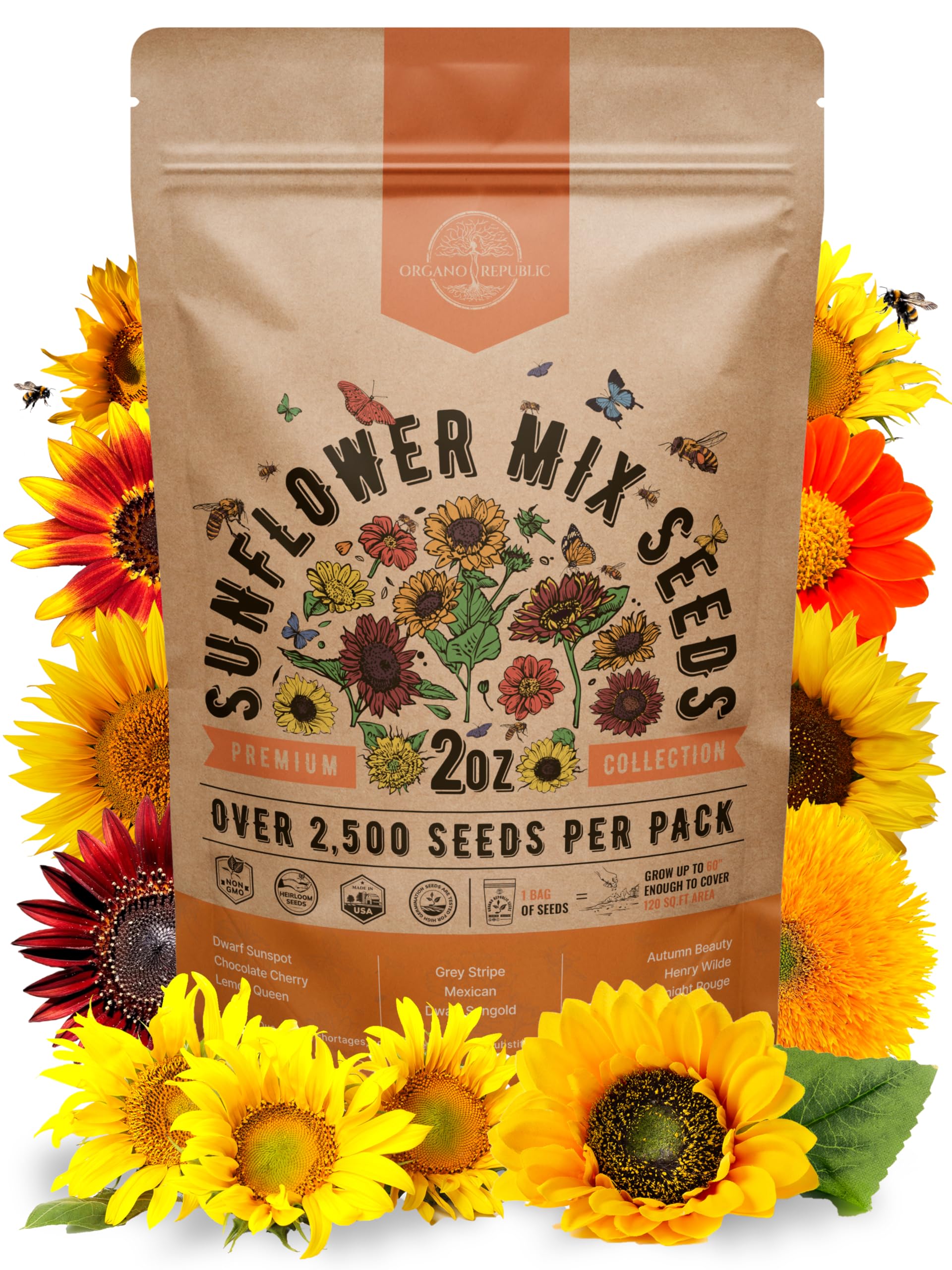 Sunflower Mix Seeds Pack 2 oz - Over 2,500 Non-GMO Heirloom Sunflower Seeds for Planting, Annual Flowers in Individual Seed Packet for Planting Home