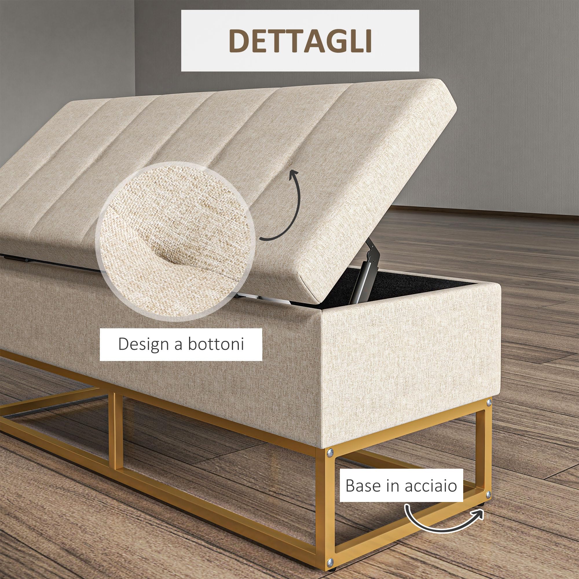 HOMCOM Baúl de Almacenaje para Dormitorio Puff de Almacenaje Tapizado de Lino Sintético con Tapa Abatible y Patas de Acero para Salón 110x44x48 cm Beige