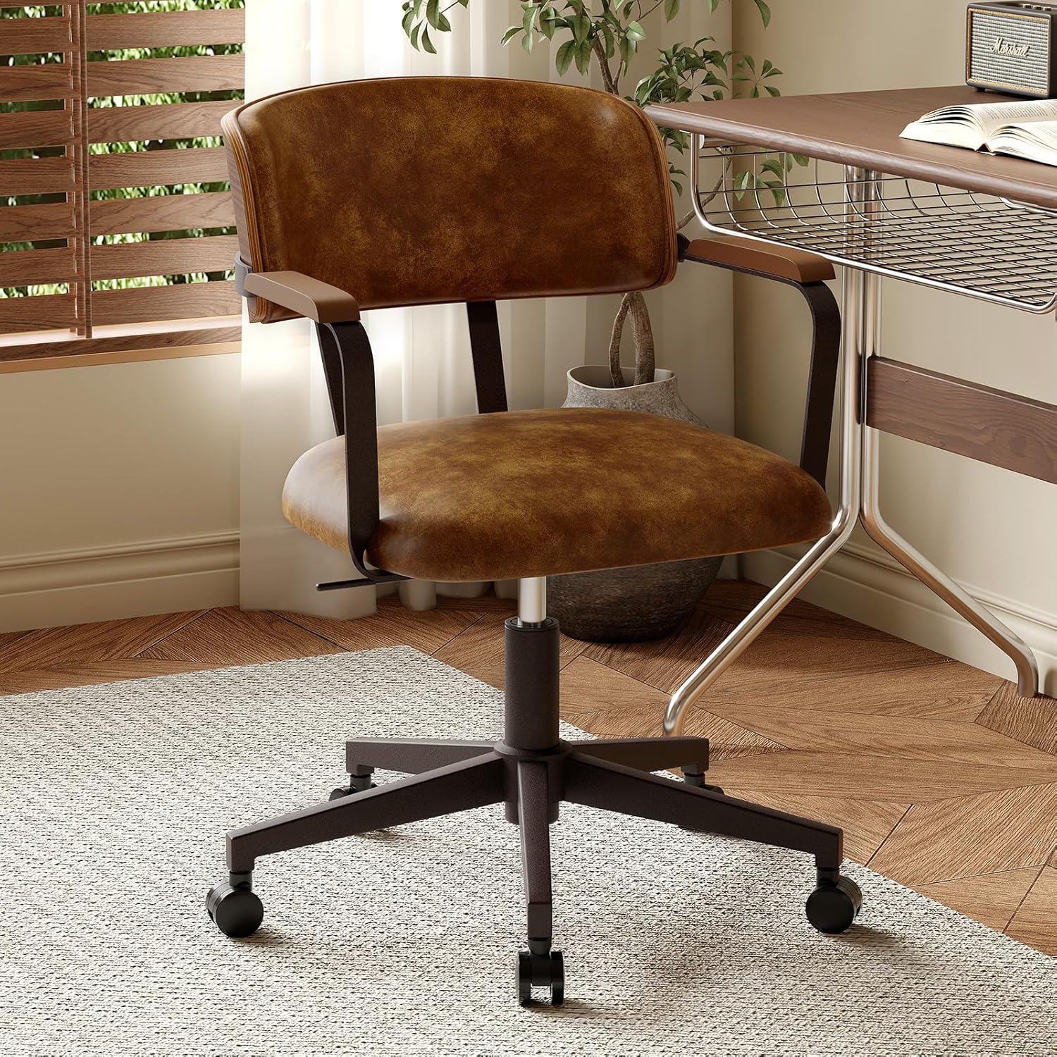 Mid-Century Modern Desk Chair with Walnut Bentwood Design,Retro Home Office Chair with Adjustable Height,360°Swivel,Smooth Rolling Casters,Small Computer Chair PU Leather (Black)