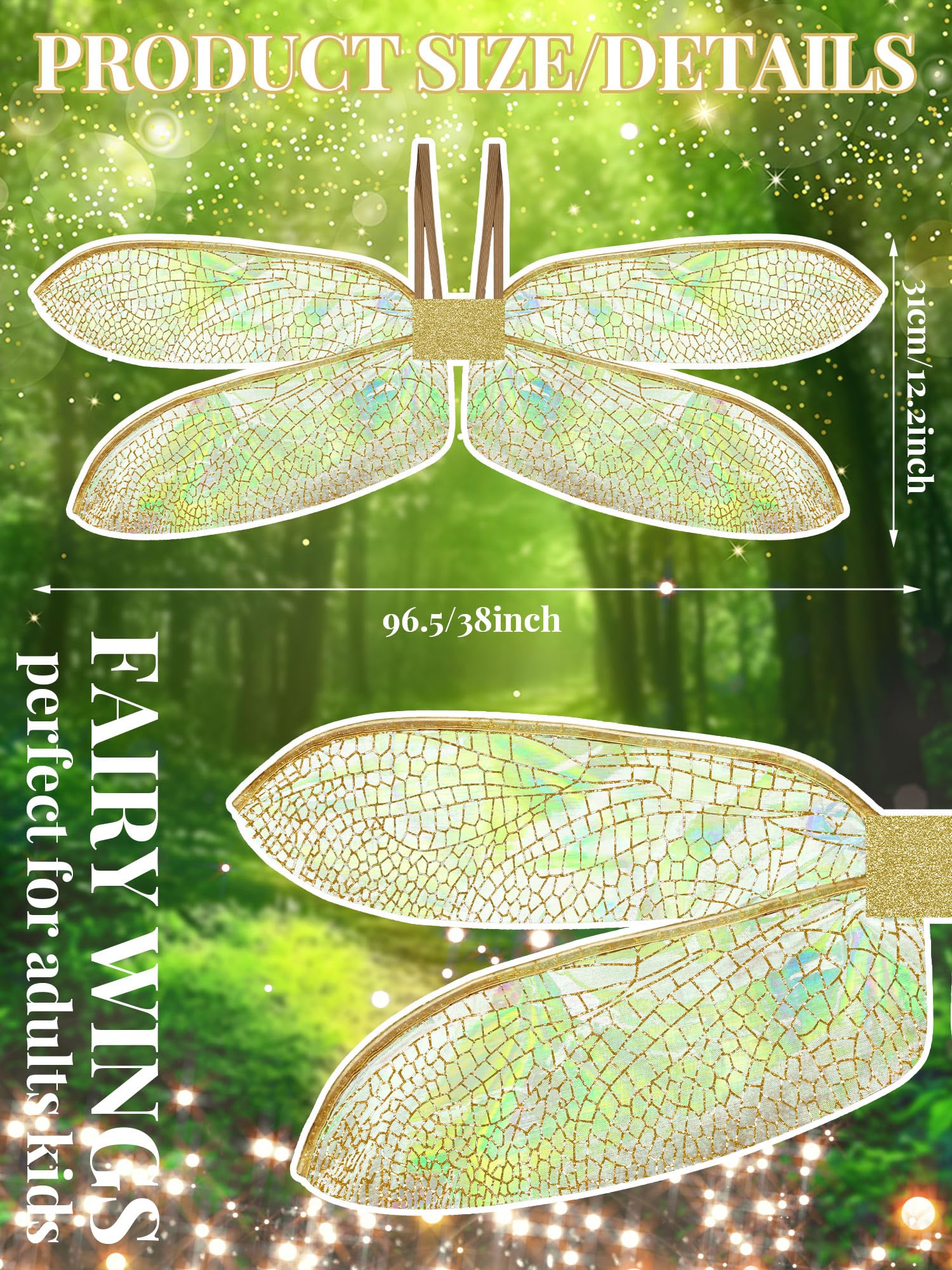PullCrease Dragonfly Wings for Adults Halloween Fairy Dragonfly Wings Costume Large Cosplay Dress up Festive Party Favor(Gold Dazzling Color) - Image 2