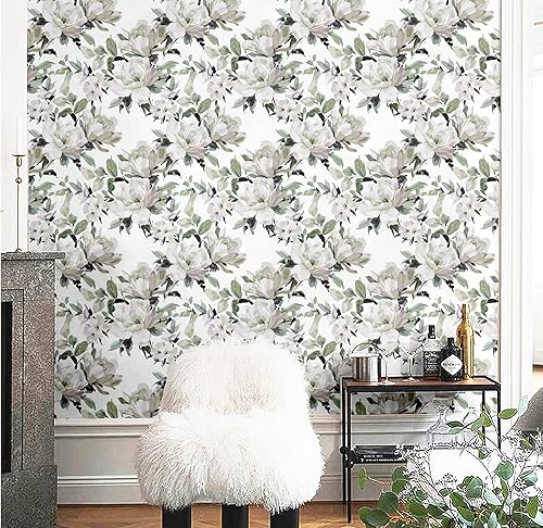 Miniatura 2 de Blooming Wall DPYB26 - Papel tapiz autoadhesivo con diseño de magnolia blanca y pintura al óleo fresca, papel pintado prepegado, decoración de pared