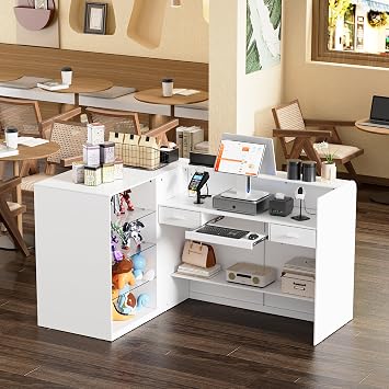 L-Shaped Reception Desk with Counter,Modern Retail Counter with Transparent Display Case,Front Desk Reception Room Table with 2 Drawers & Open Shelves for Checkout, Lobby,Shop White