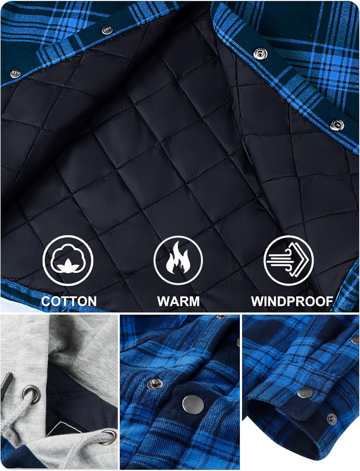 TACVASEN Men's Flannel Jacket with Hood Quilted Lined Plaid Shirts Jacket Cotton Long Sleeve Button Down Shirt Shacket - Image 5