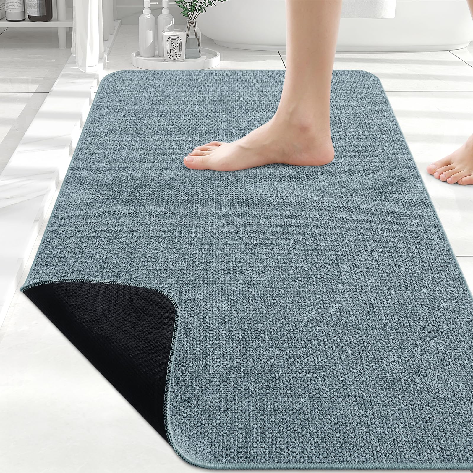 Smiry Ultra Thin Bath Mat 30x20, Non Slip Rubber Washable Bathroom Rugs