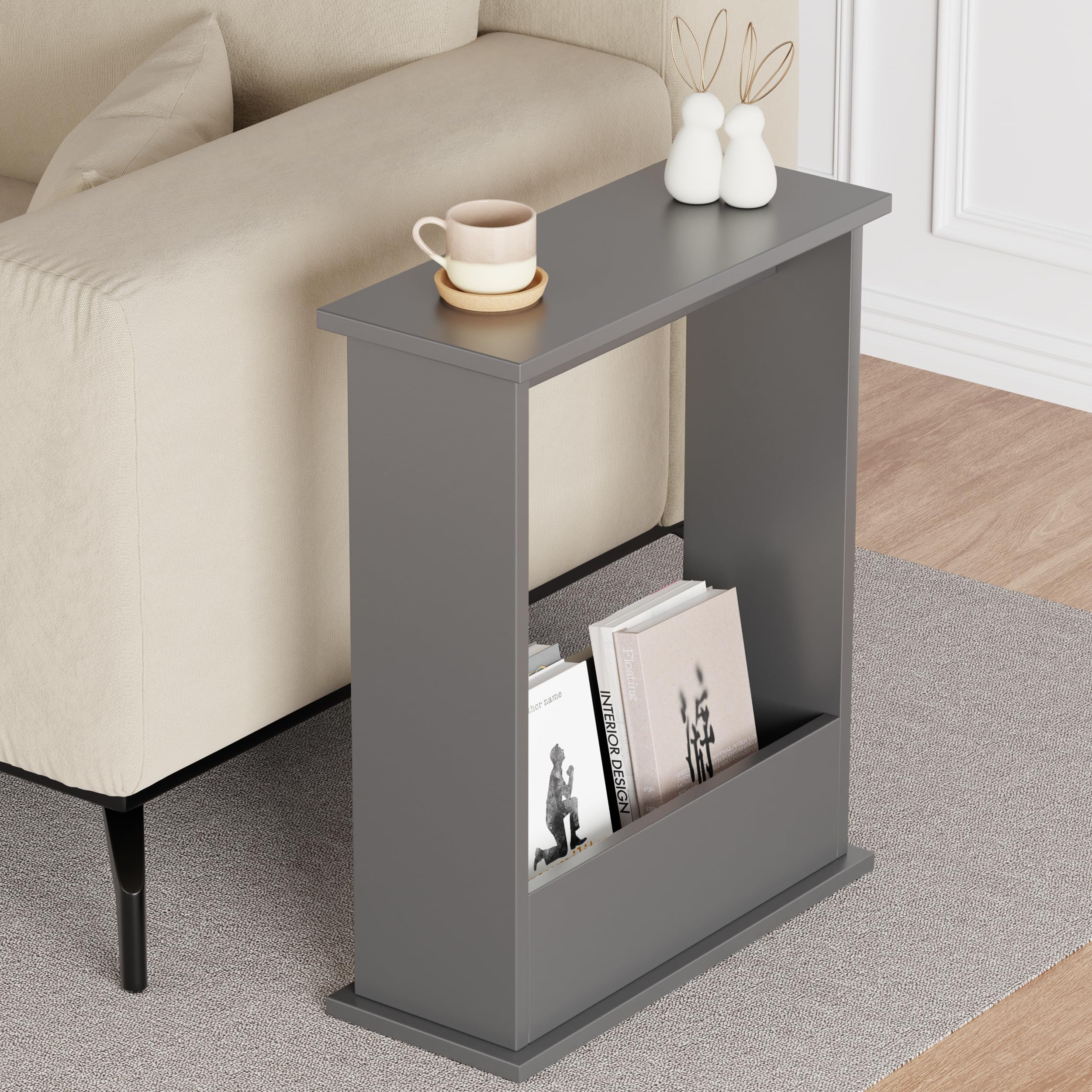 Blisswood Side Table, Slim Side Table with Magazine Rack, Modern Small Sofa End Tables for Living Room and Office, Narrow Bedside Tables for Bedroom, Study (55 x 45 x 18 cm Grey)