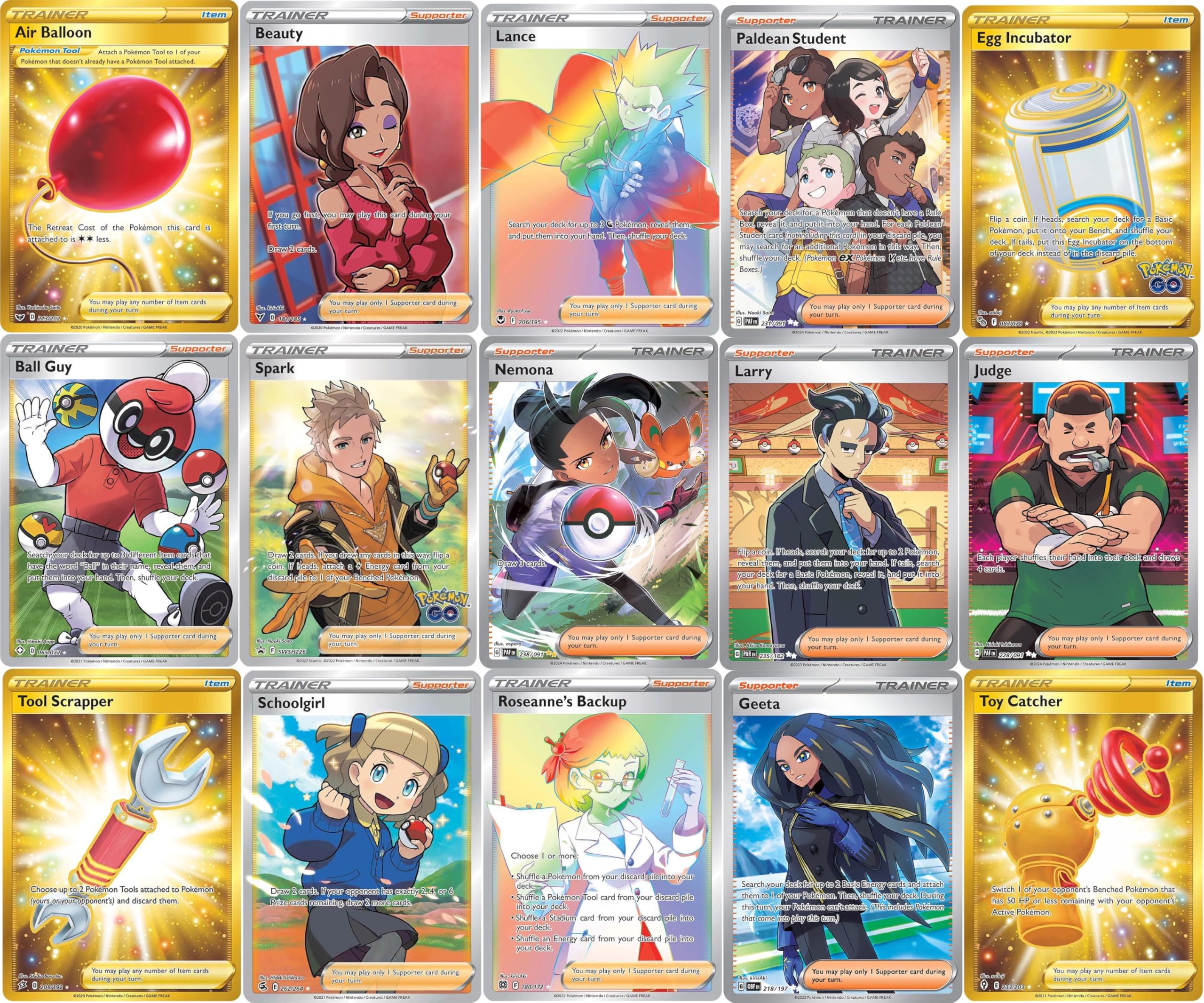 Pokemon 5 Full Art Trainer Card Lot - X1 Secret Rare, X4 Full Art Etched Cards - No Duplicates