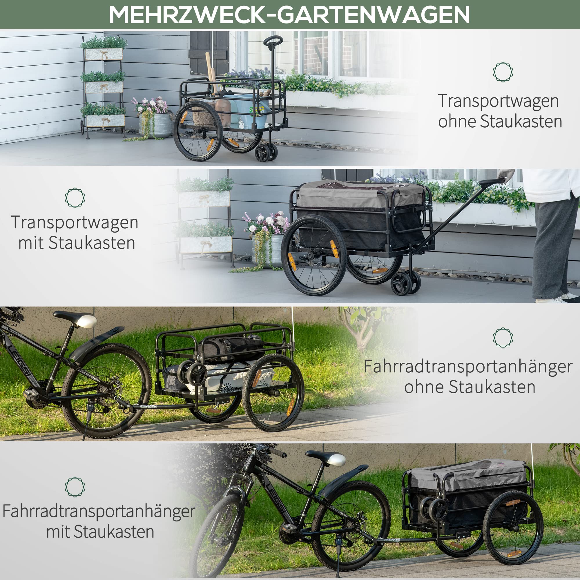 HOMCOM Rimorchio per bicicletta 2 in 1, rimorchio da trasporto, pneumatici da 20 pollici, capacità di carico 40 kg, in acciaio, tessuto Oxford, nero+grigio, 130 x 64 x 64/103 cm