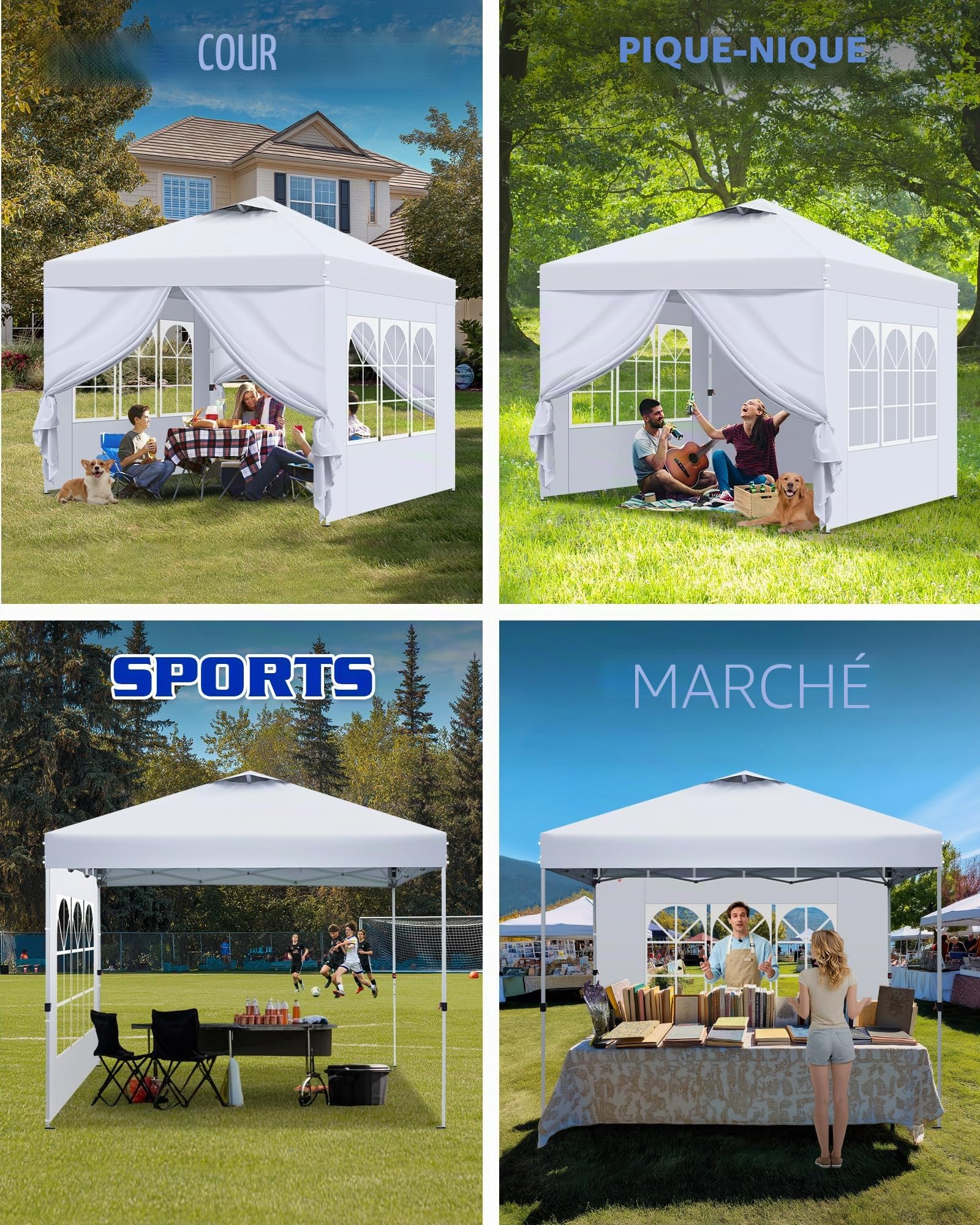 Tonnelle Pliante 3x3 Imperméable, Tente de Camping avec Parois Latérales, Protection UV, Réglable en Hauteur, Tonnelle 3x3 pour Mariage, Stand de Vente, Fête (Blanc, 1PCS)