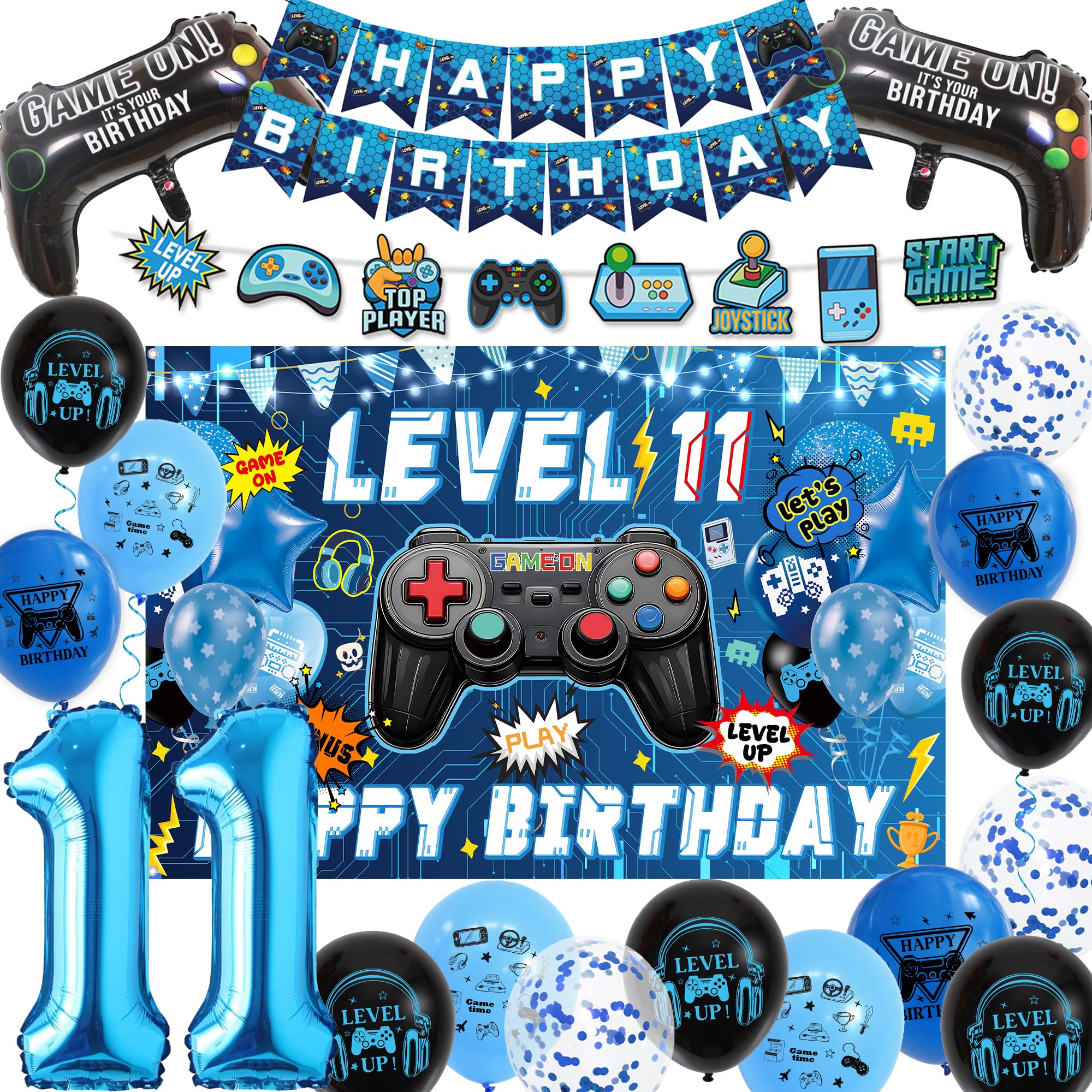 11th Birthday Decorations Banner Set - Blue Gaming Theme Balloons Kit with Hanging Swirls, Happy Birthday Backdrop Banners and Foil Balloons for Boys 11 Years Old Party Supplies