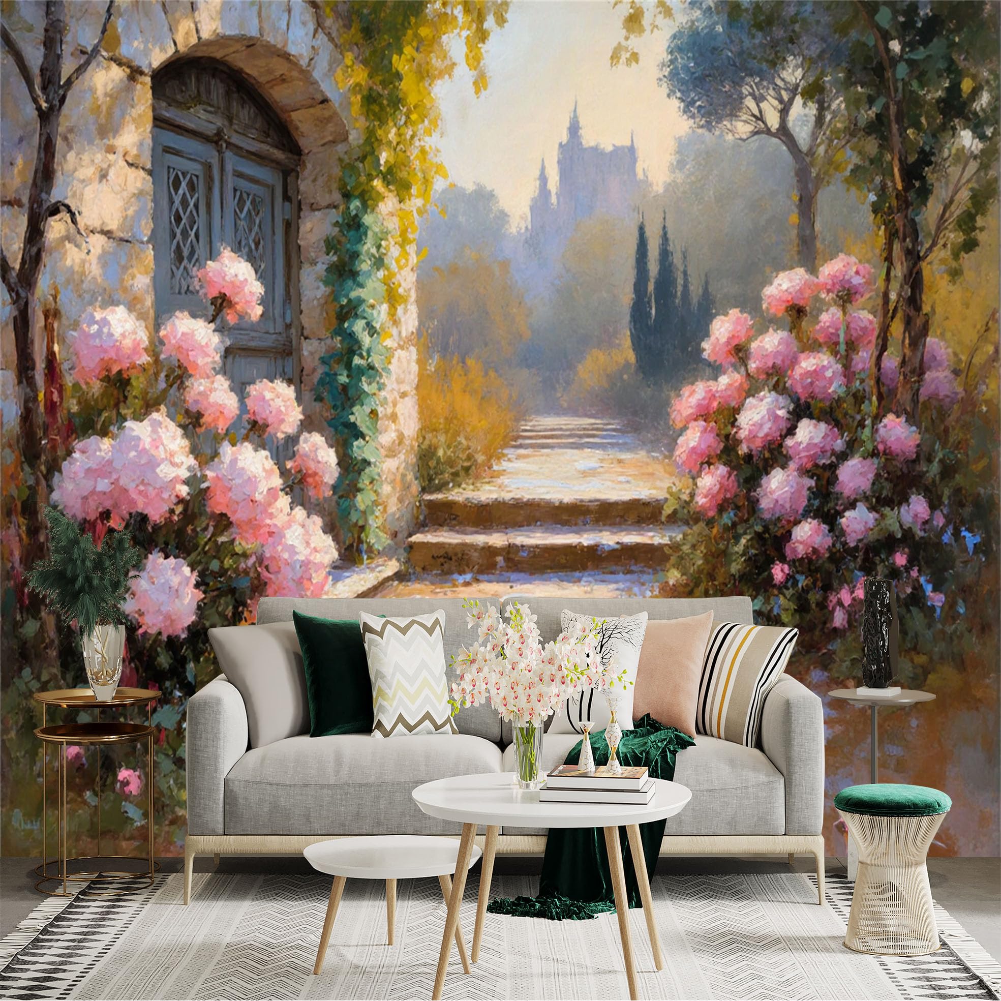 Lnzczhyre Xc260505361 Custom Size Wall Sticker Mural， Impressionist Stone Cottage Garden， Blooming Pink Hydrangeas， Rustic Pathway To Ancient Castle， For Wall Decoration， Peelandstick Wall Decals.