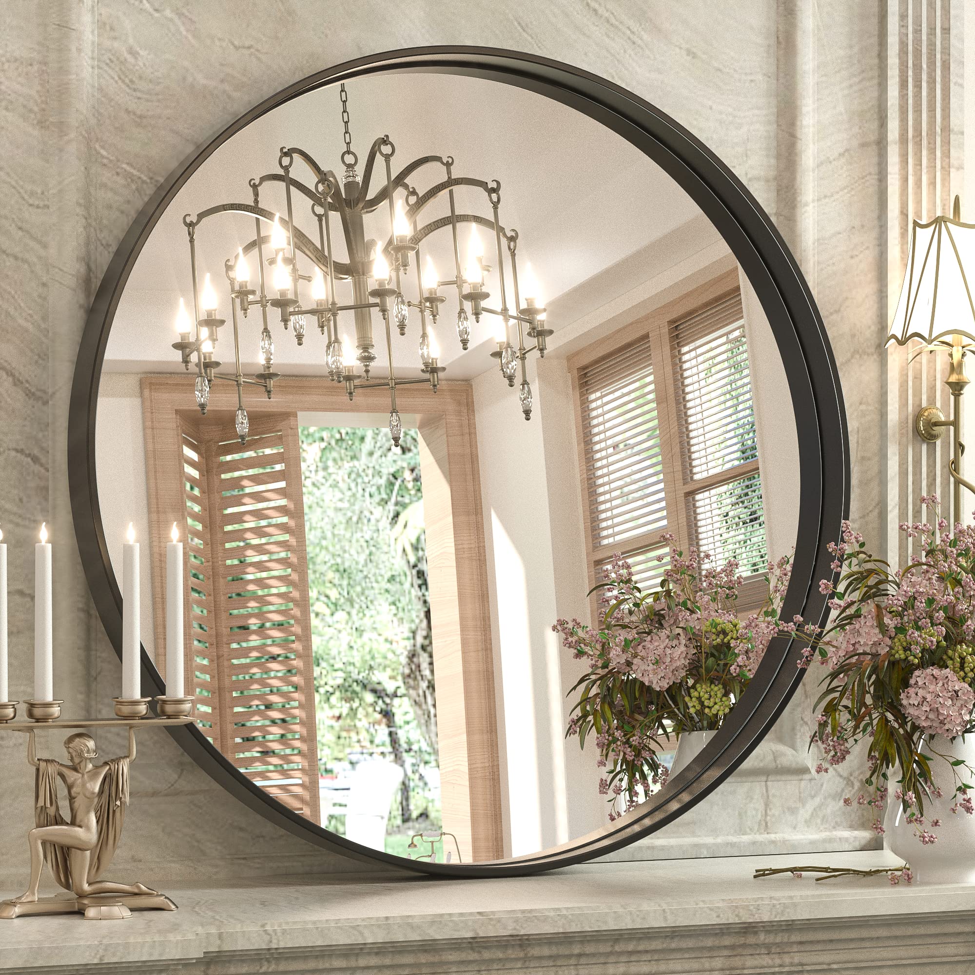 Keonjinn 24 Inch Black Round Mirror, Aluminum Alloy Frame, 4mm HD Glass, Wall Mount, Modern Design, Bathroom, Vanity, Entryway