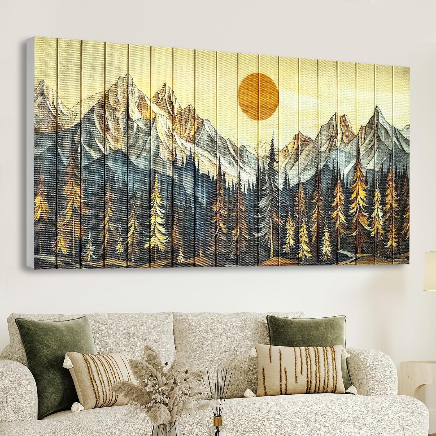 Large Mountain Canvas Ribbon Wall Art Abstract Forest Tree Sunrise Landscape Painting Pictures Boho Decor Handmade Textured Prints for Living Room Bedroom Bathroom Office Home Decor 20" x 40"