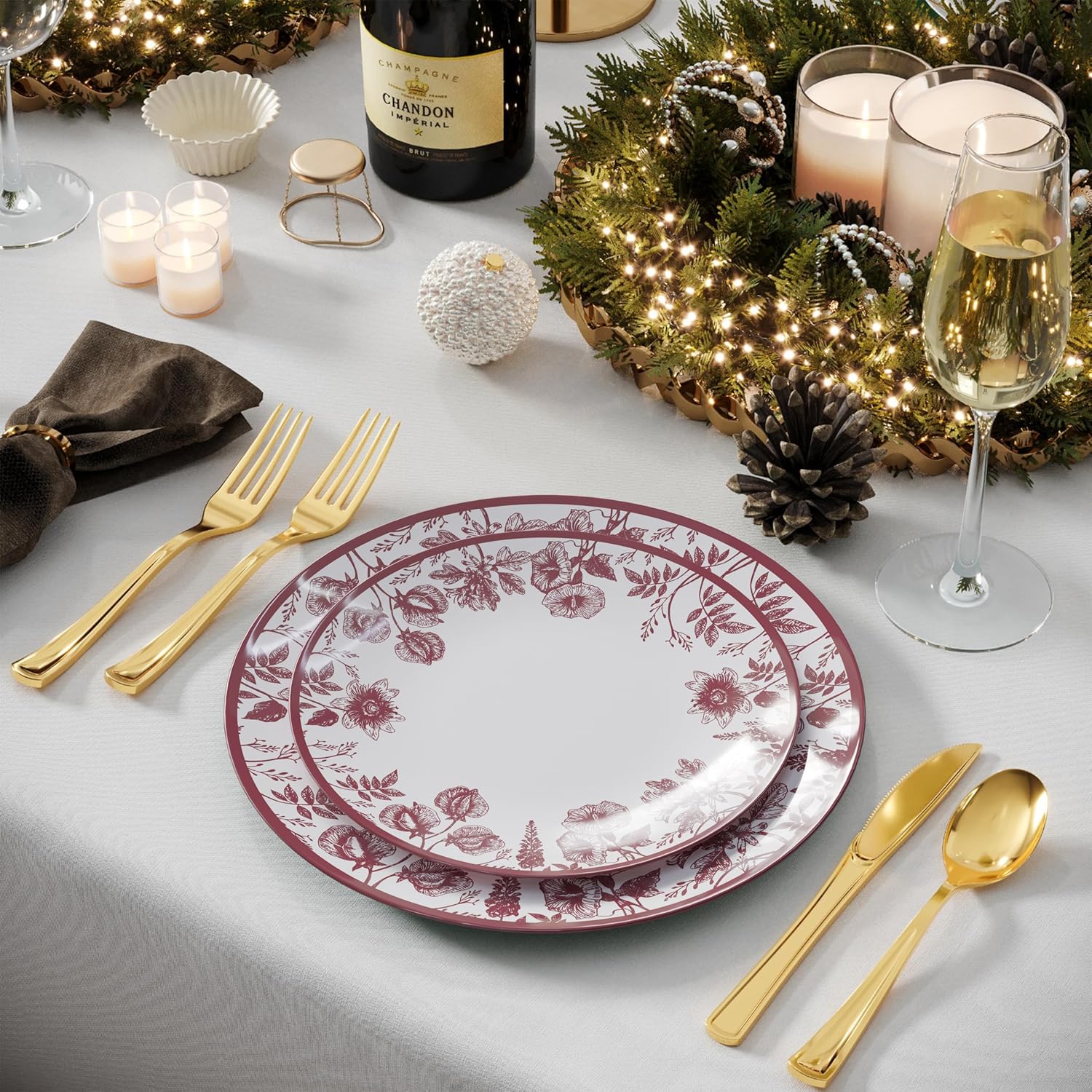 Trendables Disposable Plates For Party Supplies | Burgundy Floral Plastic Plates For Wedding 40 Pcs - 20 X 8 & 20 X 10 Dinner Plate Sets | Floral Plate Set Disposable Plastic Dinnerware Sets - Image 5