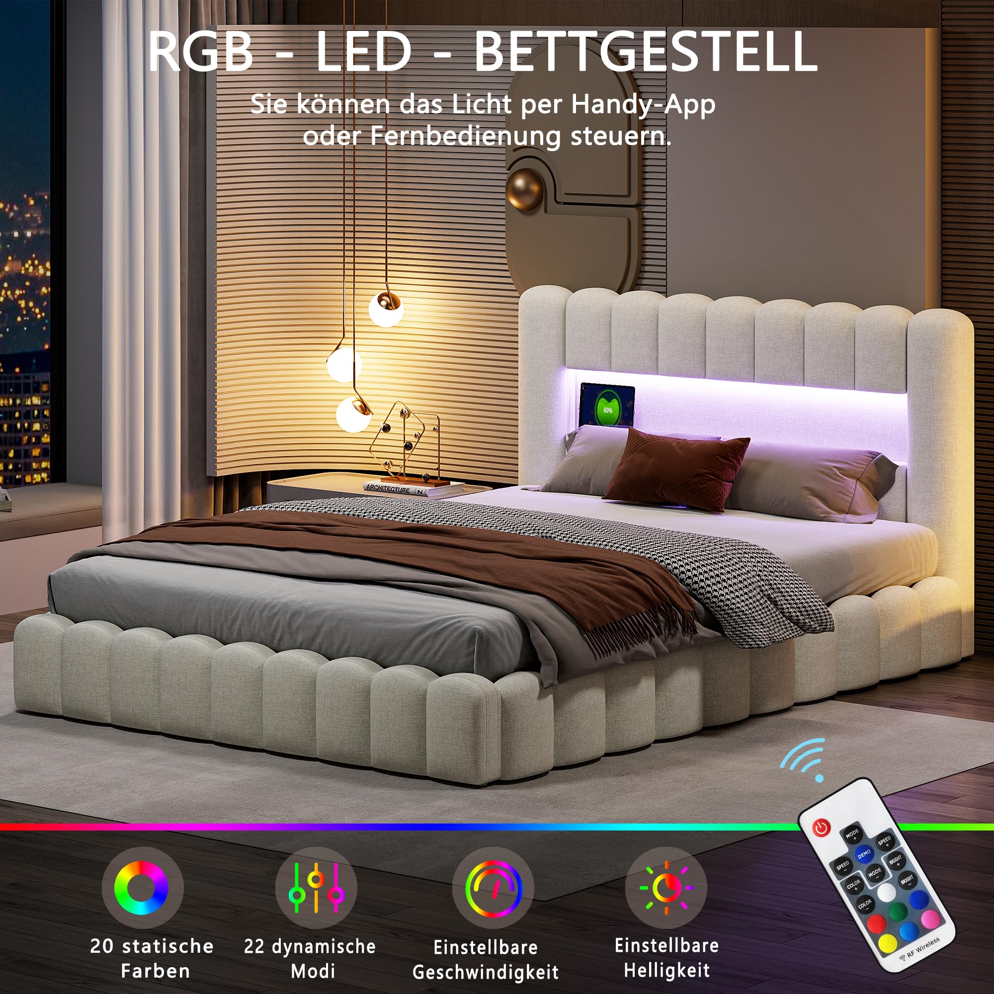 Letto imbottito 160 x 200 cm con contenitore, letto matrimoniale 160x200 baule con LED,Spazio utile,Letto Idraulico con Rete a Doghe e Telaio in Metallo, Senza Materasso (Beige, 160x200 cm)