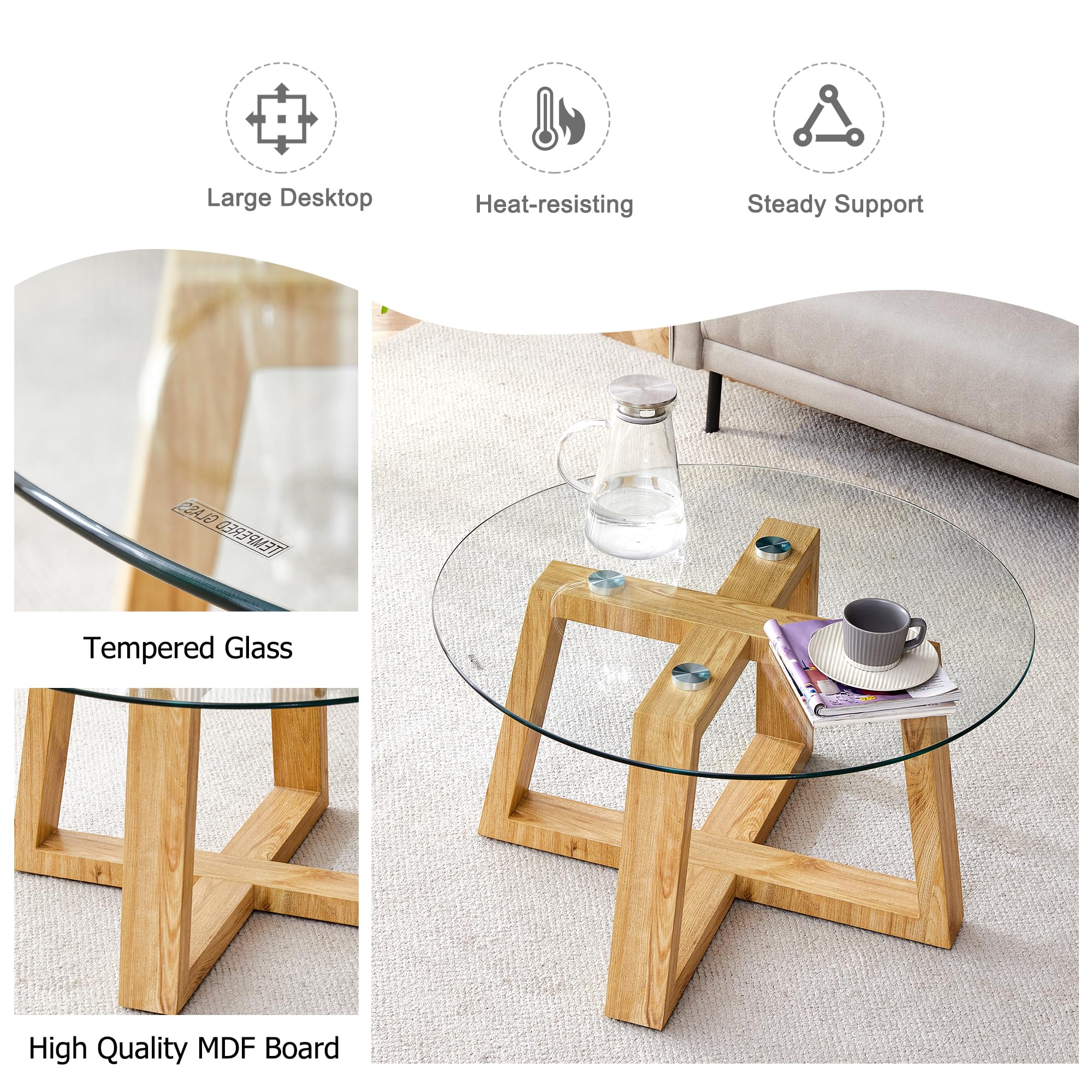 Fuerdich Coffee Table for Living Rooms, Small Round Coffee Table Made of Transparent Tempered Glass Tabletop and Wood Colored MDF Material Circle Desk for Bedrooms (Transparent + Glass)