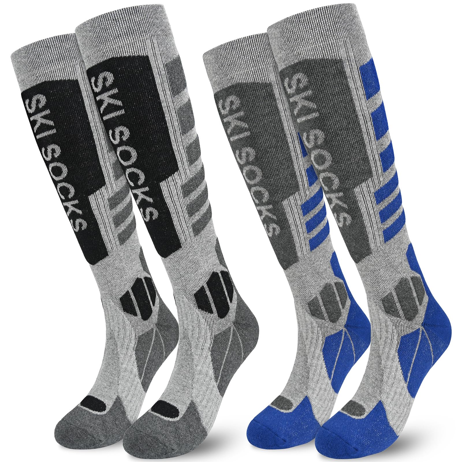 Srclo Men's Black Blue Wo Merino Wool Ski Socks,2 Pairs Full Cushioned Thermal Warm Knee High Thick Socks For Winter,Cold Weather,Skiing,Snowboarding,Sports,Hiking